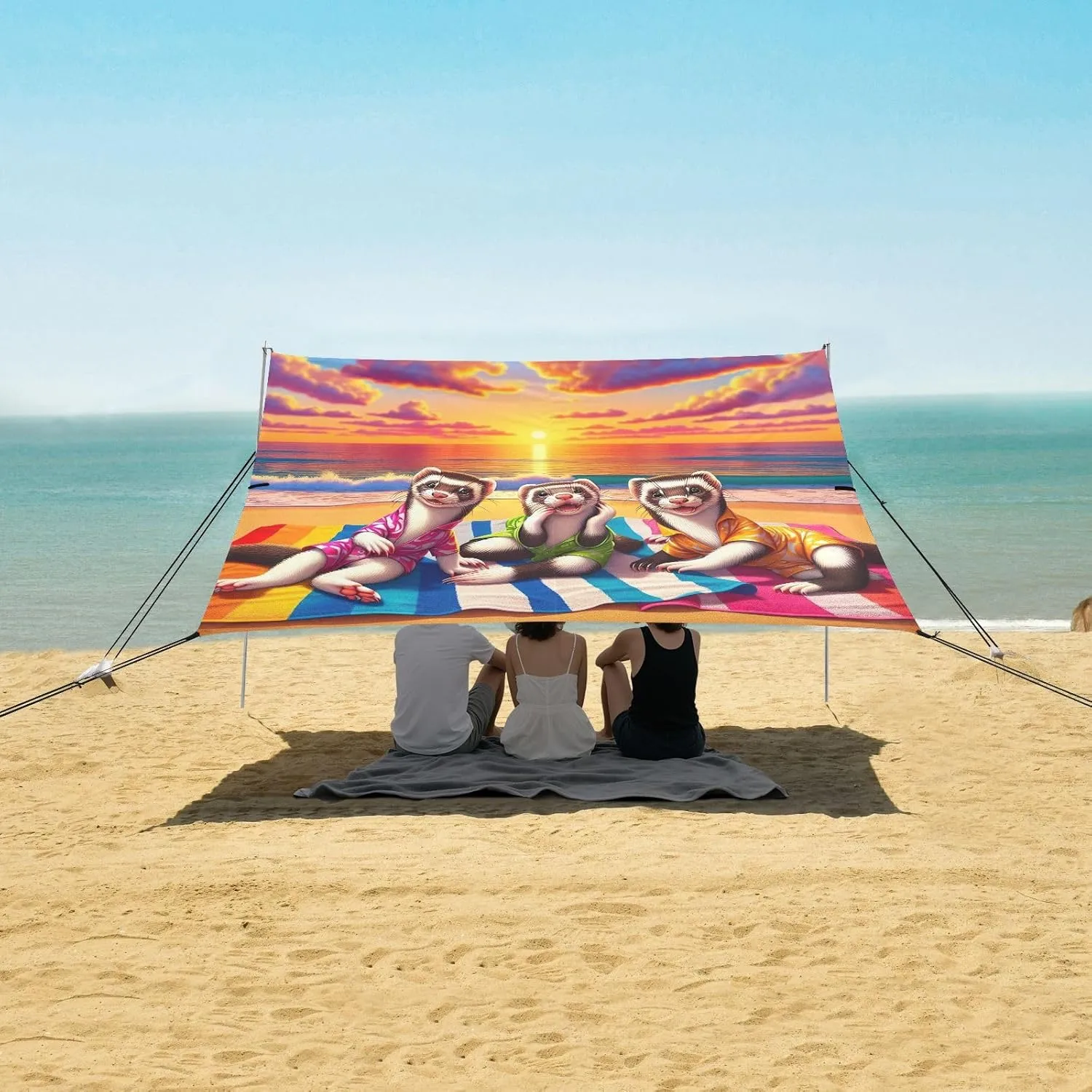 Beach Shade Tent with UPF50  UV Protection,Cartoon Three Holiday Ferrets Lightweight Camping Sun Shelter for Outdoor,Camping Trips, Fishing, Backyard,Picnics,Easy Set Up and Carry 9x10.5 FT