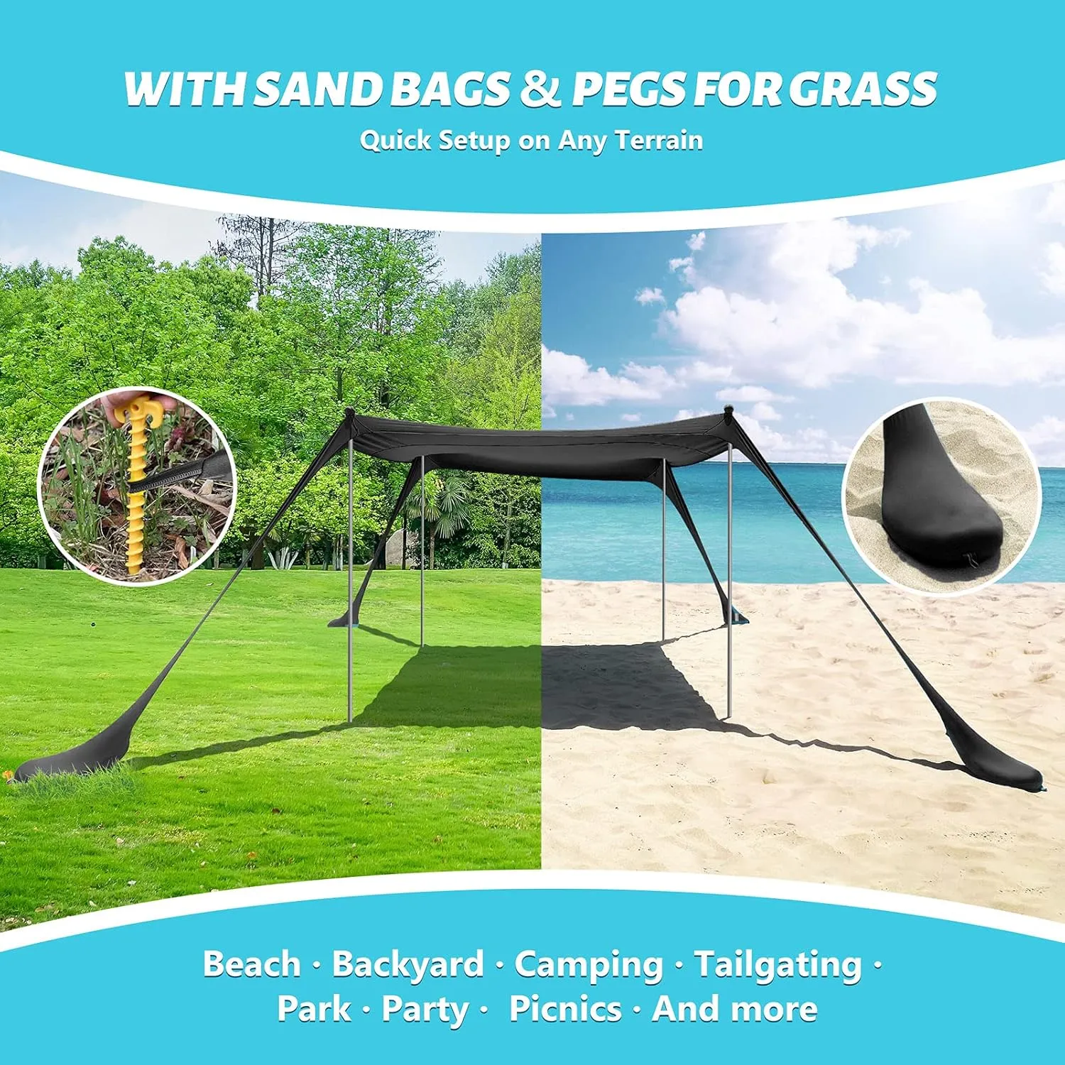 Beach Tent Canopy Sun Shade UPF50 , Easy Pop Up Anti-Wind Sun Shelter with Stability Poles/Carry Bag/Ground Pegs/Sand Shovel, Portable Sunshade for Beach Camping (Black, 10×10 FT 4 Pole)