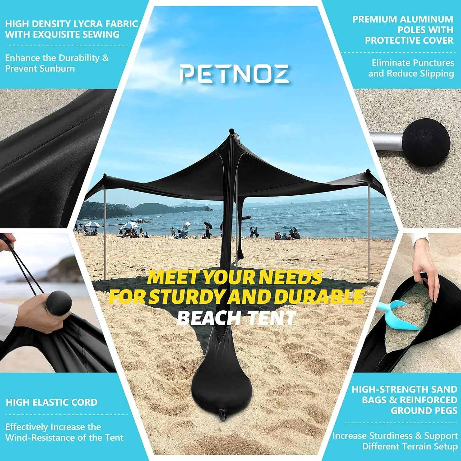 Beach Tent Canopy Sun Shade UPF50 , Easy Pop Up Anti-Wind Sun Shelter with Stability Poles/Carry Bag/Ground Pegs/Sand Shovel, Portable Sunshade for Beach Camping (Black, 10×10 FT 4 Pole)