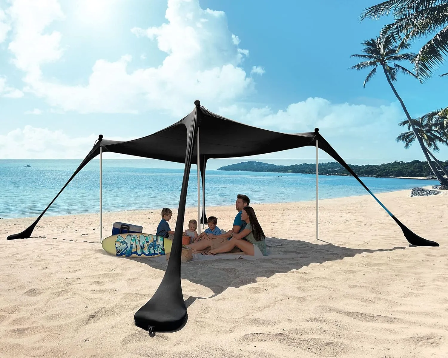 Beach Tent Canopy Sun Shade UPF50 , Easy Pop Up Anti-Wind Sun Shelter with Stability Poles/Carry Bag/Ground Pegs/Sand Shovel, Portable Sunshade for Beach Camping (Black, 10×10 FT 4 Pole)