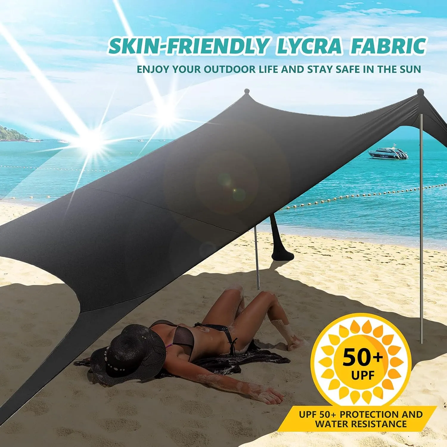 Beach Tent Canopy Sun Shade UPF50 , Easy Pop Up Anti-Wind Sun Shelter with Stability Poles/Carry Bag/Ground Pegs/Sand Shovel, Portable Sunshade for Beach Camping (Black, 10×10 FT 4 Pole)