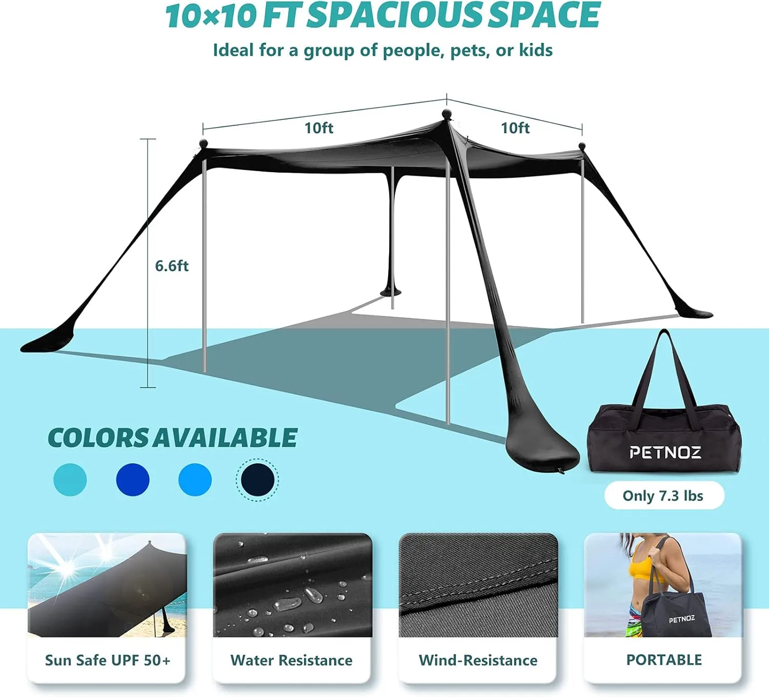 Beach Tent Canopy Sun Shade UPF50 , Easy Pop Up Anti-Wind Sun Shelter with Stability Poles/Carry Bag/Ground Pegs/Sand Shovel, Portable Sunshade for Beach Camping (Black, 10×10 FT 4 Pole)