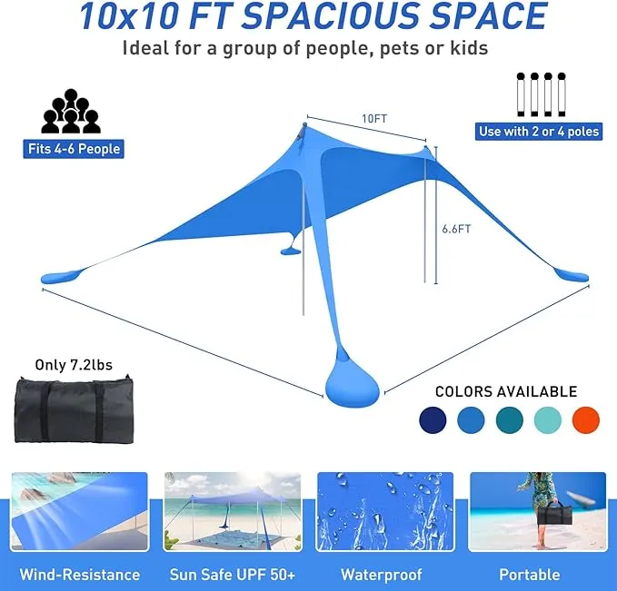Beach Tent Pop Up Shade Canopy Sun Shelter UPF50  with 2 Stability Poles/Carry Bag/Ground Pegs/Sand Shovel/Windproof Ropes Portable Outdoor Family Sunshade for Beach Camping(Royal Blue10×10FT)