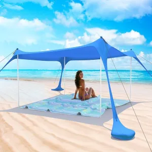 Beach Tent Pop Up Shade Canopy Sun Shelter UPF50  with 2 Stability Poles/Carry Bag/Ground Pegs/Sand Shovel/Windproof Ropes Portable Outdoor Family Sunshade for Beach Camping(Royal Blue10×10FT)