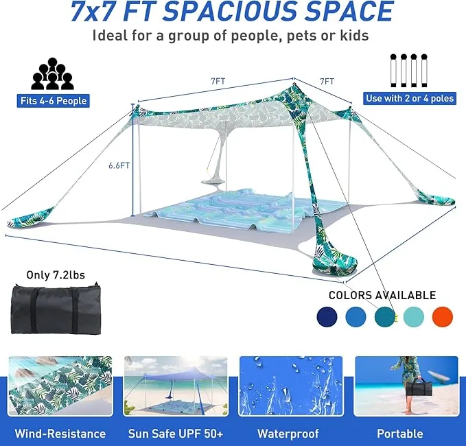 Beach Tent Pop Up Sun Shade Canopy Sun Shelter UPF50  with 4 Stability Poles/Carry Bag/Ground Pegs/Sand Shovel/Windproof Ropes Portable Outdoor Family Sunshade for Beach Camping Fishing Picnic