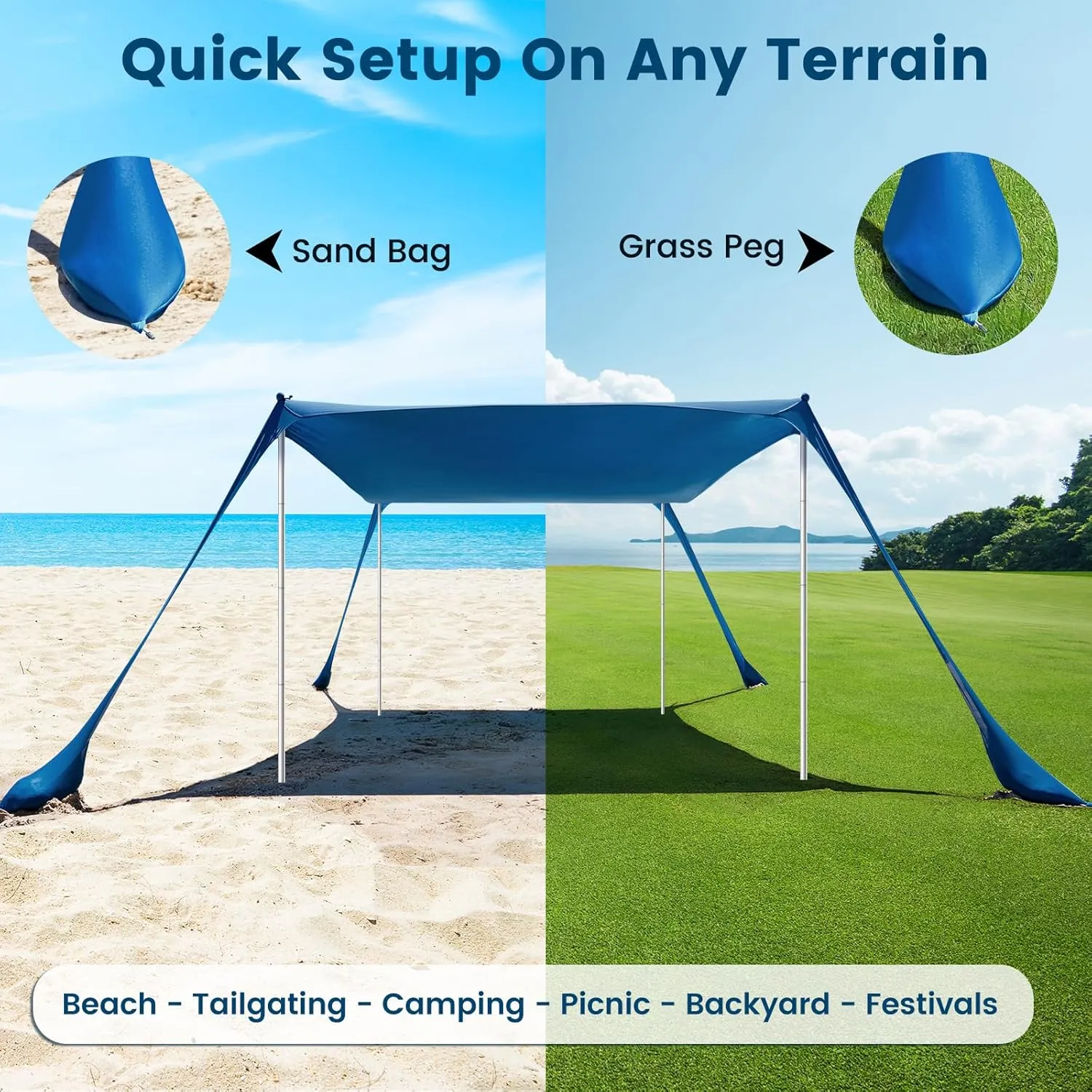 Beach Tent Sun Shelter - 10 x 10 Ft Beach Canopy UPF50  UV Protection with Sandbags, Poles, Grond Pegs and Anti-Wind Ropes for Camping, Backyard, Picnics and Fishing