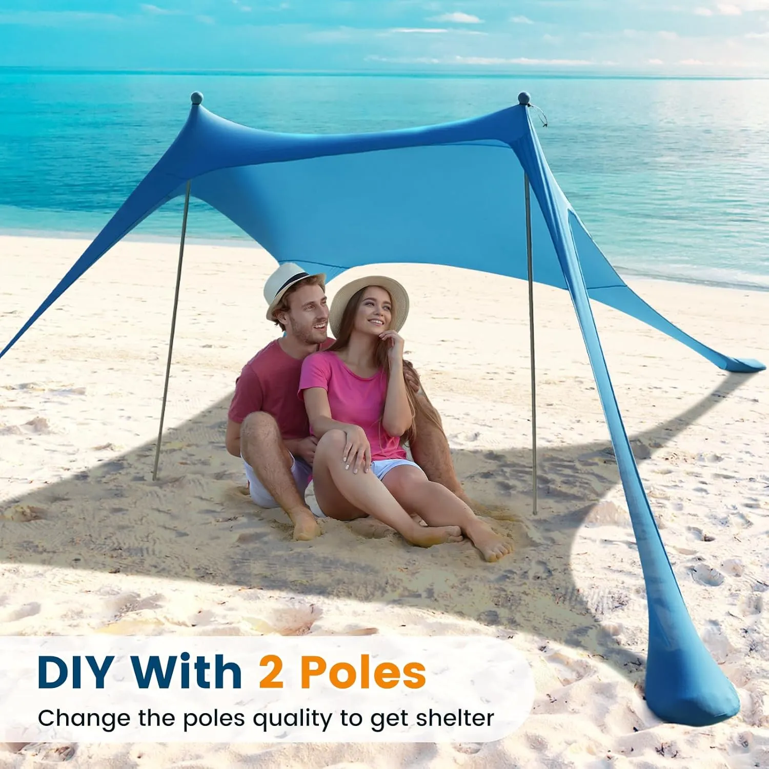 Beach Tent Sun Shelter - 10 x 10 Ft Beach Canopy UPF50  UV Protection with Sandbags, Poles, Grond Pegs and Anti-Wind Ropes for Camping, Backyard, Picnics and Fishing