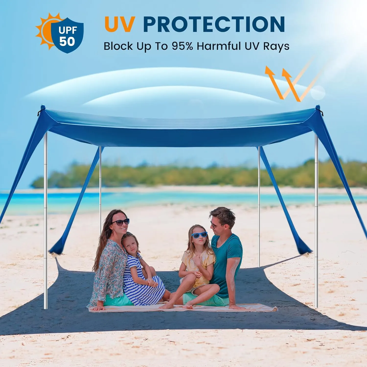 Beach Tent Sun Shelter - 10 x 10 Ft Beach Canopy UPF50  UV Protection with Sandbags, Poles, Grond Pegs and Anti-Wind Ropes for Camping, Backyard, Picnics and Fishing