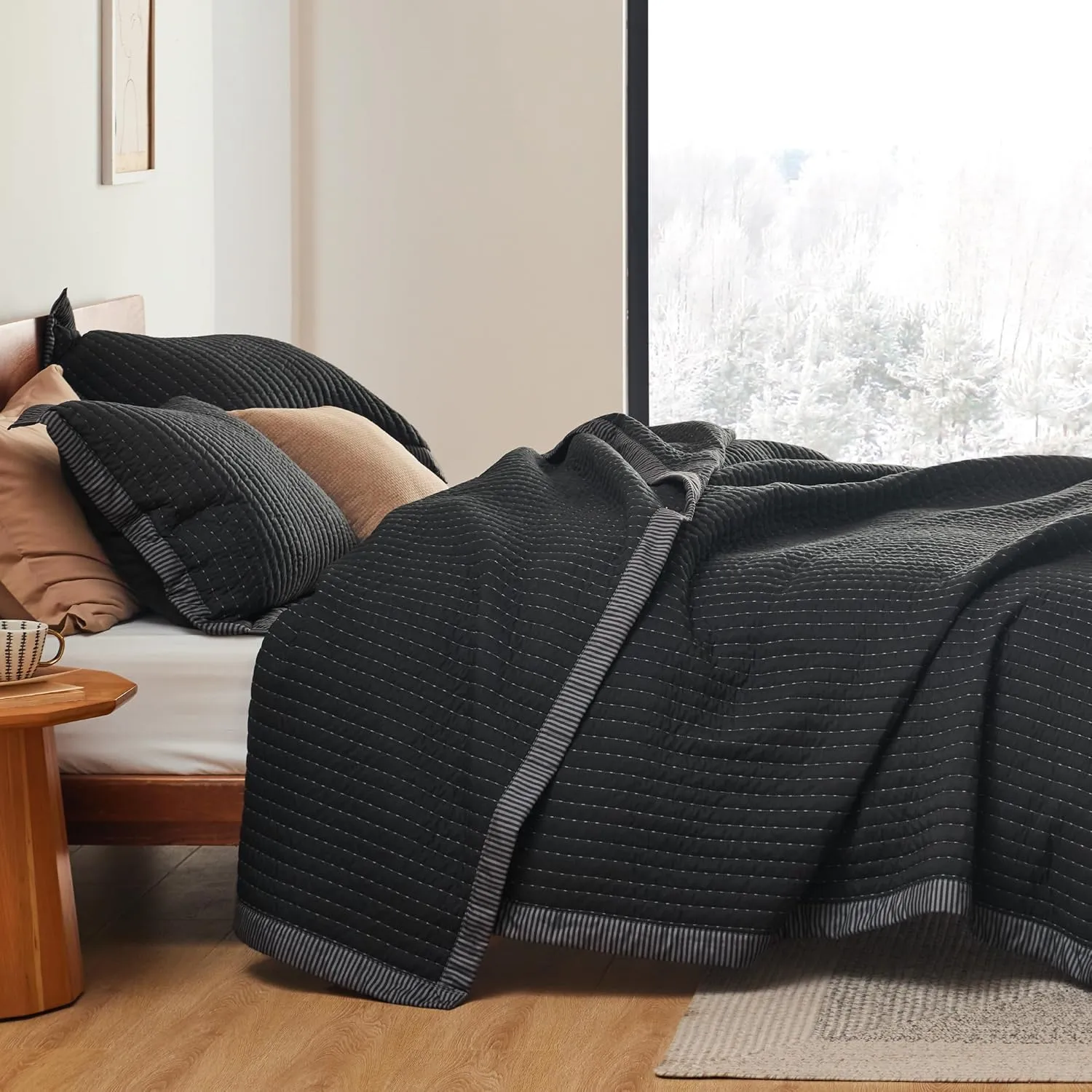 Bedsure Black Quilts Queen Size - Queen Quilt Bedding Set Bedspread Coverlet, Lightweight Corduroy Pattern Bedspread, 3-Piece Set with 90"x96" Coverlet & 2 Pillow Shams, All-Season Soft Microfiber