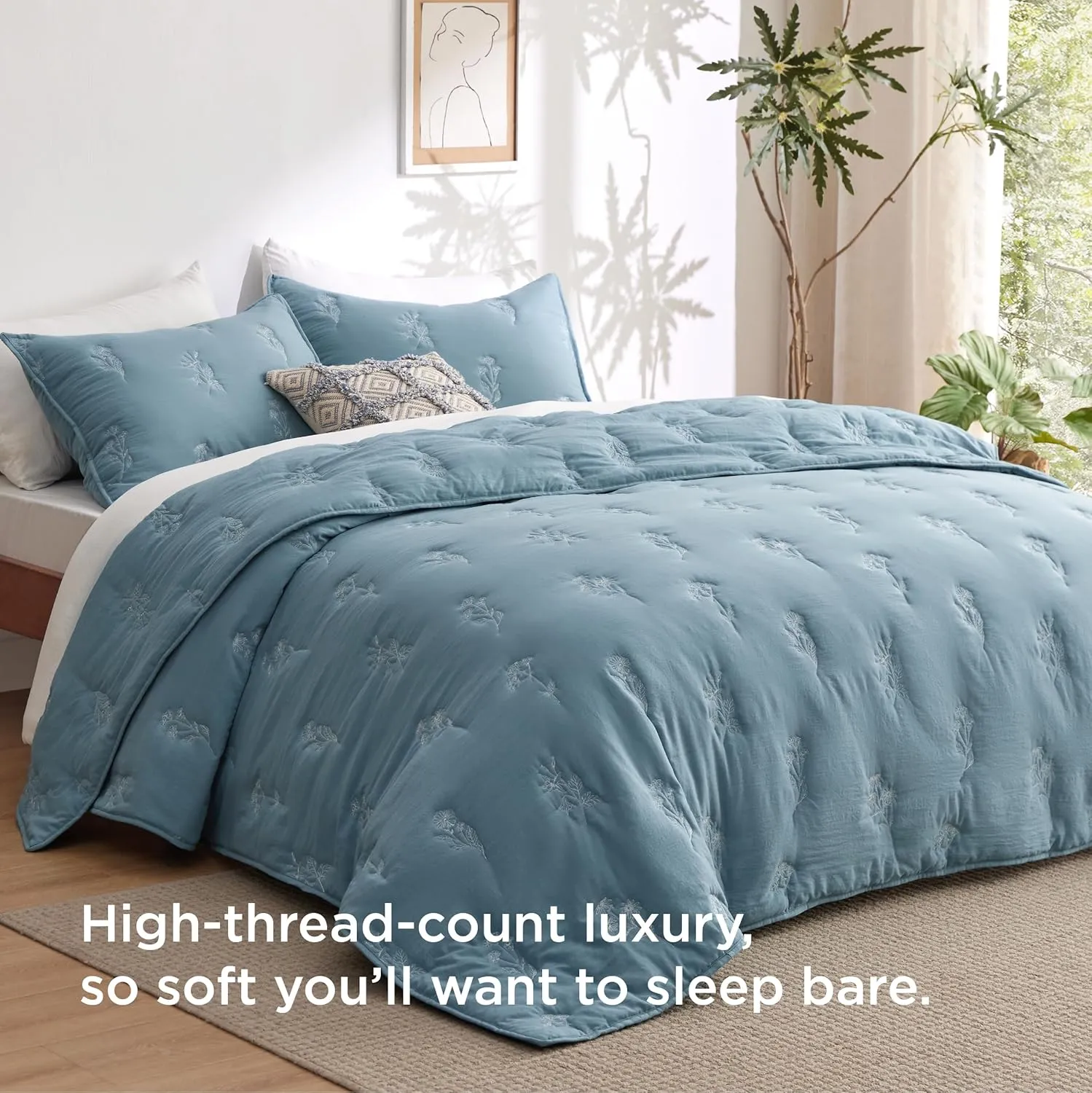 Bedsure Botanical Floral Quilt King Size for Modern Farmhouse Decor, Luxurious Summer Bedding Set, Super Soft Bedspread King Size, Lightweight Comforter with 2 Pillow Shams, Blue, 106x96 Inch