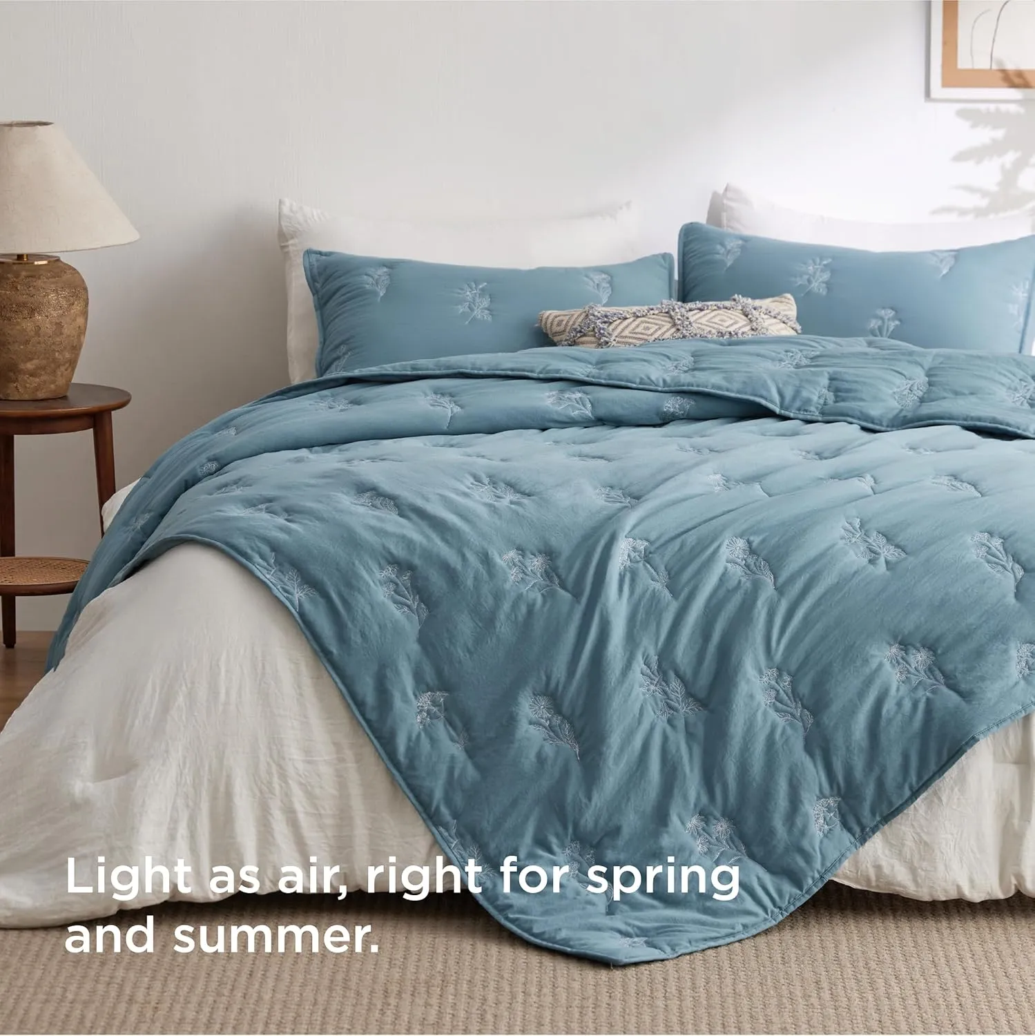 Bedsure Botanical Floral Quilt King Size for Modern Farmhouse Decor, Luxurious Summer Bedding Set, Super Soft Bedspread King Size, Lightweight Comforter with 2 Pillow Shams, Blue, 106x96 Inch