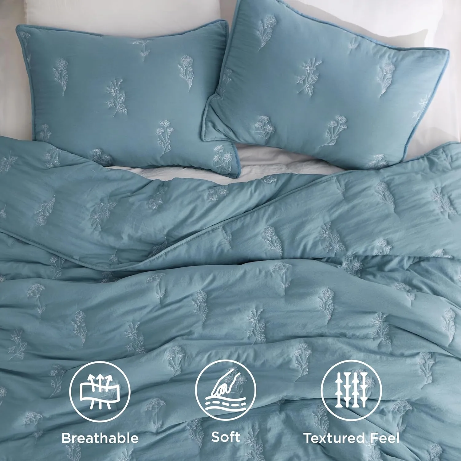 Bedsure Botanical Floral Quilt King Size for Modern Farmhouse Decor, Luxurious Summer Bedding Set, Super Soft Bedspread King Size, Lightweight Comforter with 2 Pillow Shams, Blue, 106x96 Inch