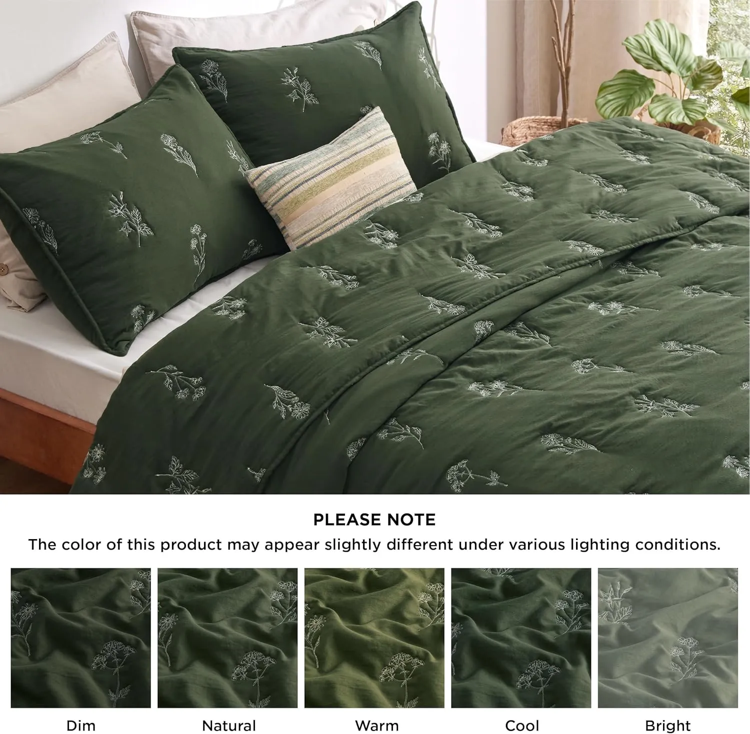 Bedsure Botanical Floral Quilt King Size for Modern Farmhouse Decor, Luxurious Summer Bedding Set, Super Soft Bedspread King Size, Lightweight Comforter with 2 Pillow Shams, Olive Green, 106x96 Inch