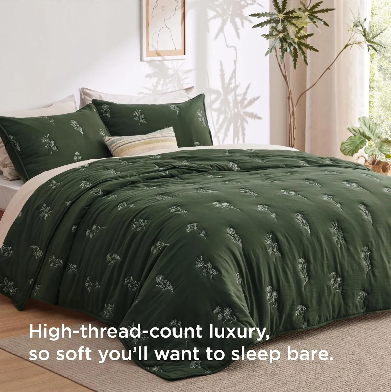 Bedsure Botanical Floral Quilt King Size for Modern Farmhouse Decor, Luxurious Summer Bedding Set, Super Soft Bedspread King Size, Lightweight Comforter with 2 Pillow Shams, Olive Green, 106x96 Inch