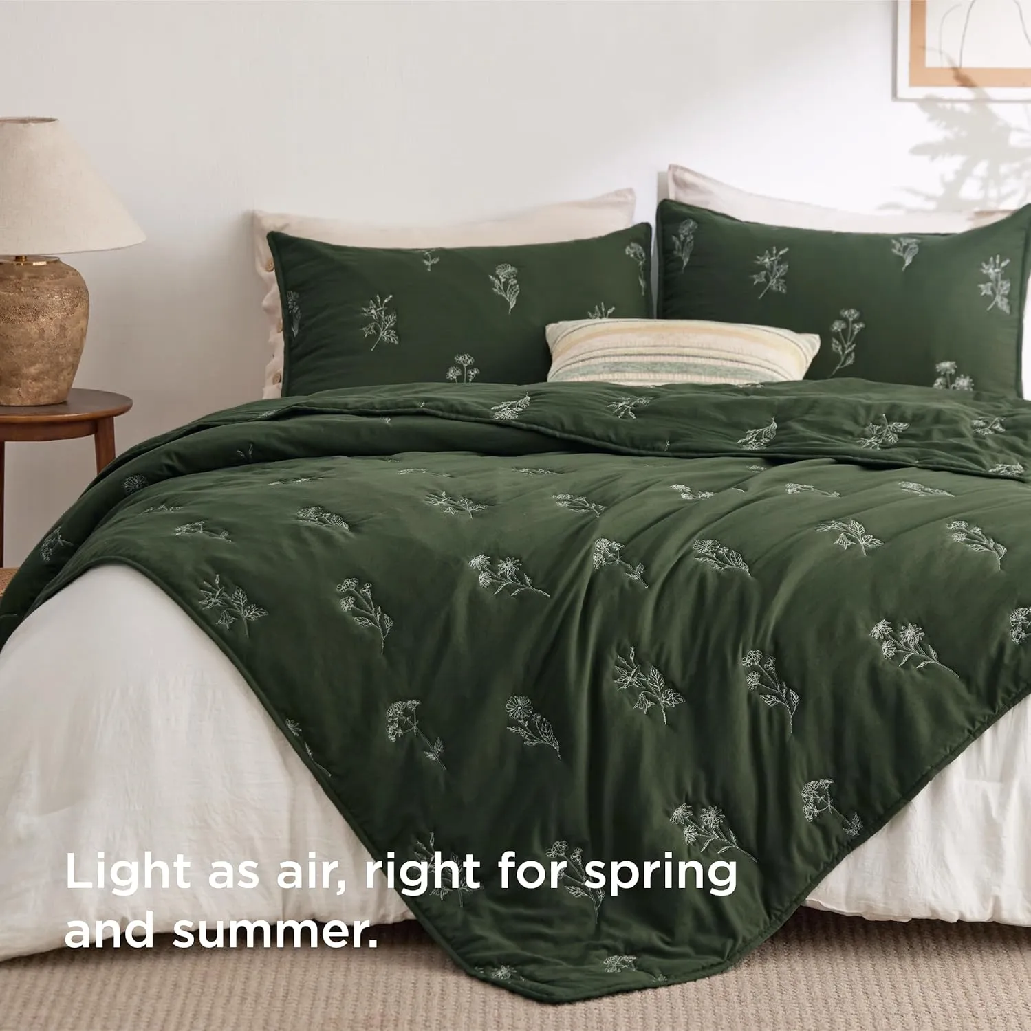 Bedsure Botanical Floral Quilt King Size for Modern Farmhouse Decor, Luxurious Summer Bedding Set, Super Soft Bedspread King Size, Lightweight Comforter with 2 Pillow Shams, Olive Green, 106x96 Inch