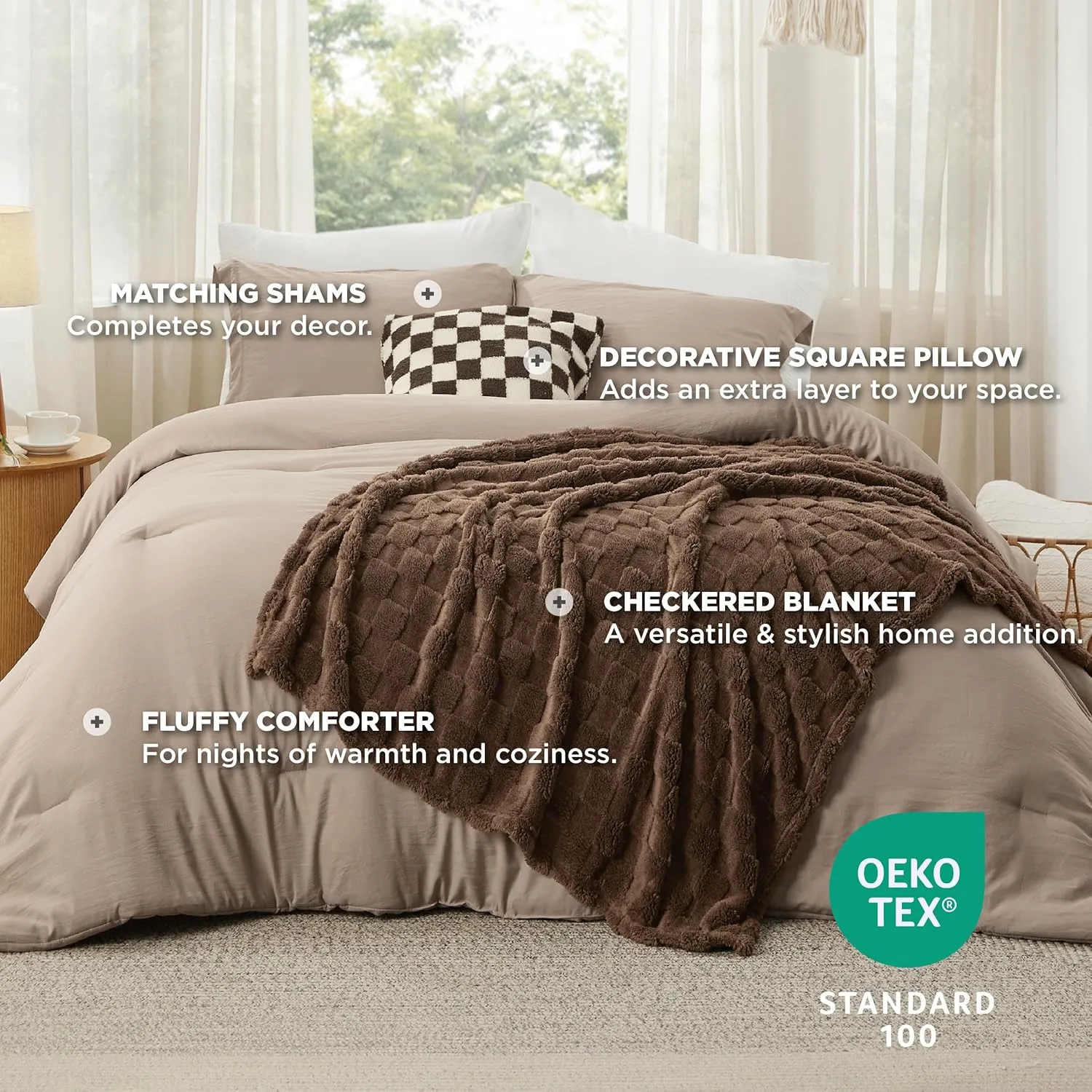 Bedsure Full Comforter Set 5 Pieces - Bed in a Bag with Checkered Throw Blanket and Decorative Pillow, Lightweight Bedding Comforter Sets, All Season Boho Bedding, Light Camel