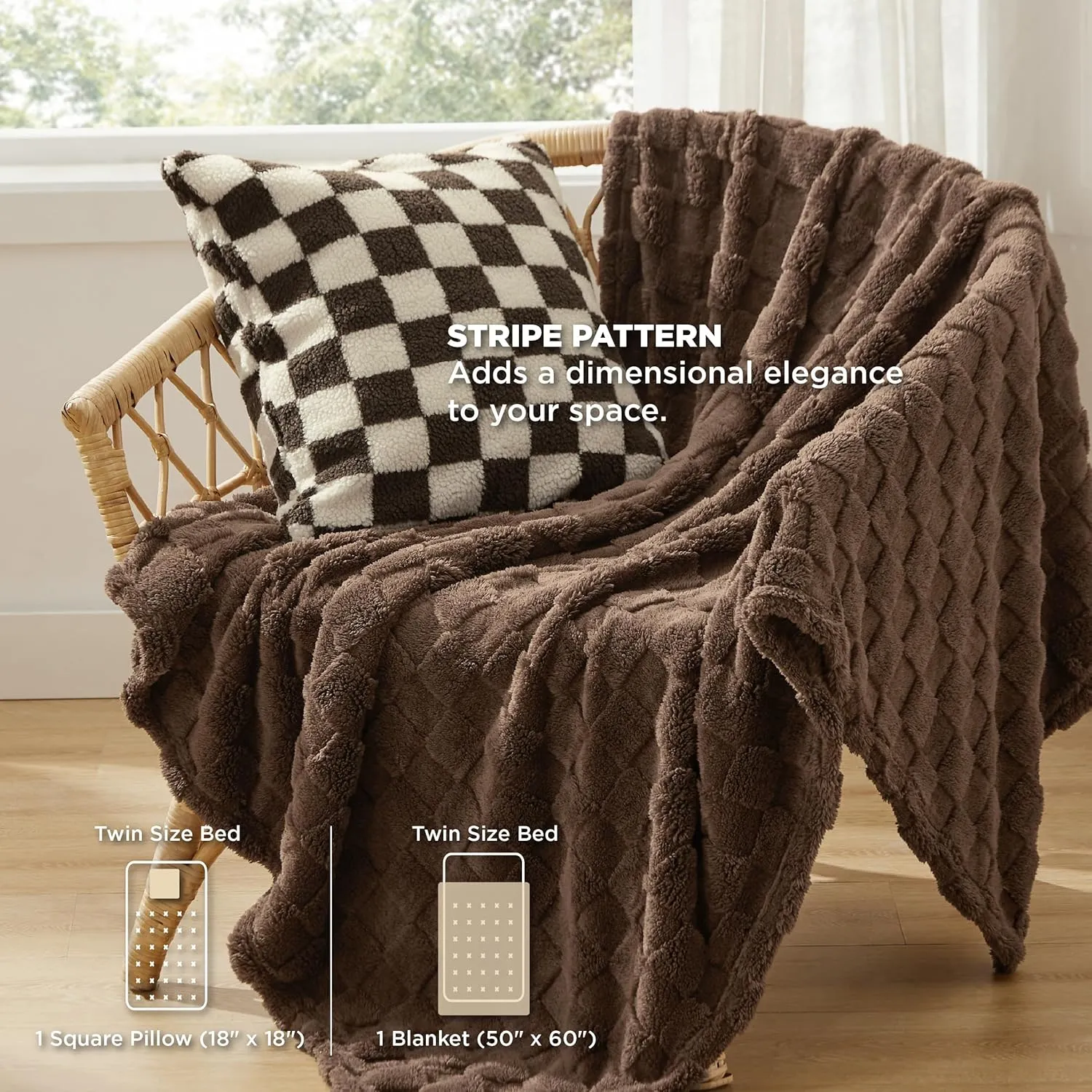 Bedsure Full Comforter Set 5 Pieces - Bed in a Bag with Checkered Throw Blanket and Decorative Pillow, Lightweight Bedding Comforter Sets, All Season Boho Bedding, Light Camel
