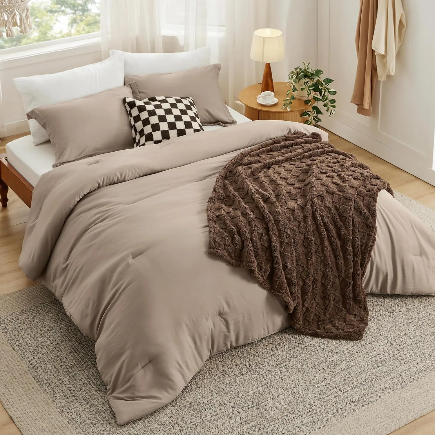 Bedsure Full Comforter Set 5 Pieces - Bed in a Bag with Checkered Throw Blanket and Decorative Pillow, Lightweight Bedding Comforter Sets, All Season Boho Bedding, Light Camel