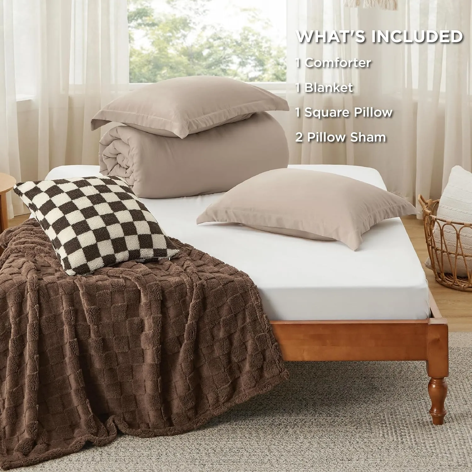 Bedsure Full Comforter Set 5 Pieces - Bed in a Bag with Checkered Throw Blanket and Decorative Pillow, Lightweight Bedding Comforter Sets, All Season Boho Bedding, Light Camel