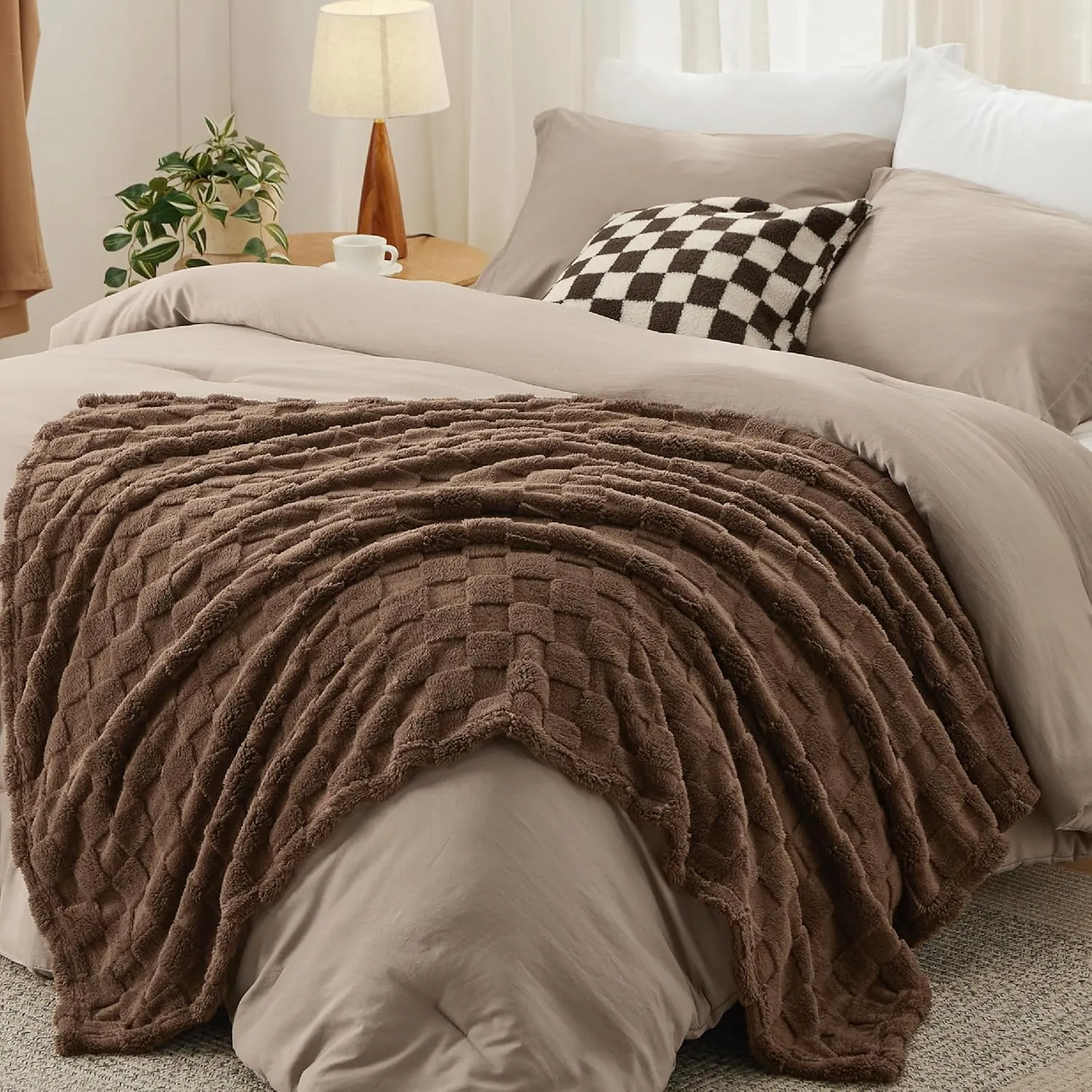 Bedsure Full Comforter Set 5 Pieces - Bed in a Bag with Checkered Throw Blanket and Decorative Pillow, Lightweight Bedding Comforter Sets, All Season Boho Bedding, Light Camel