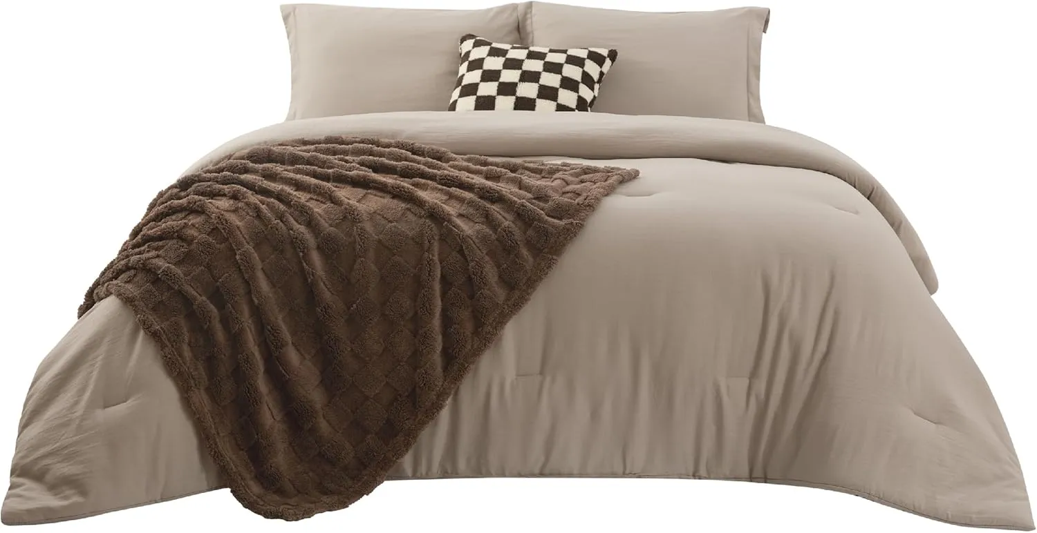 Bedsure Full Comforter Set 5 Pieces - Bed in a Bag with Checkered Throw Blanket and Decorative Pillow, Lightweight Bedding Comforter Sets, All Season Boho Bedding, Light Camel