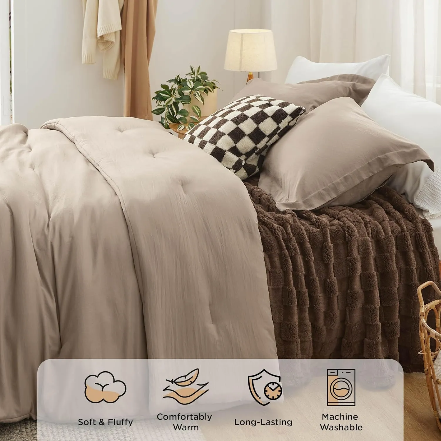 Bedsure Full Comforter Set 5 Pieces - Bed in a Bag with Checkered Throw Blanket and Decorative Pillow, Lightweight Bedding Comforter Sets, All Season Boho Bedding, Light Camel