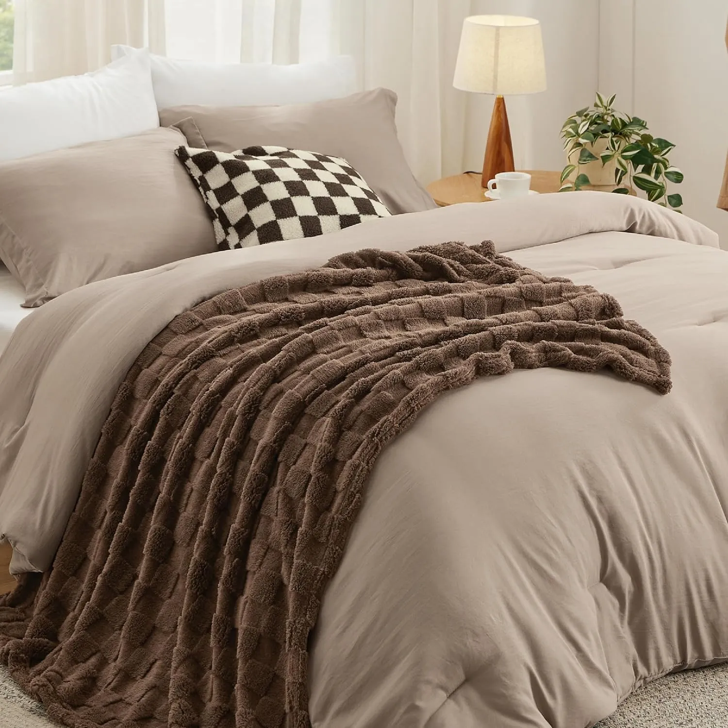 Bedsure Full Comforter Set 5 Pieces - Bed in a Bag with Checkered Throw Blanket and Decorative Pillow, Lightweight Bedding Comforter Sets, All Season Boho Bedding, Light Camel