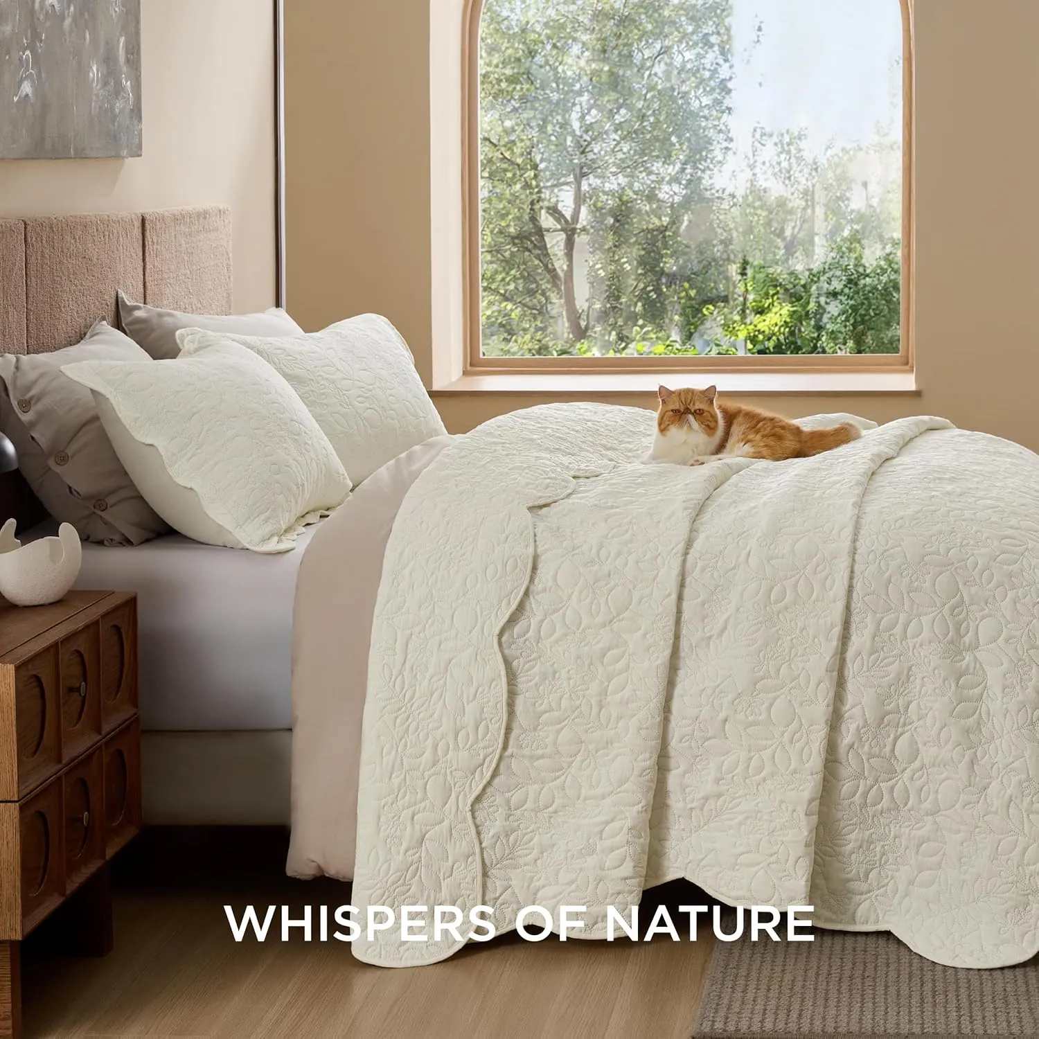 Bedsure Quilts Queen Size - Ultra Soft Pre-Washed Bedspread - Lightweight Cream Yellow Comforter with 2 Pillow Shams - Summer Bedding Set with Leaf Design 90x96 Inch