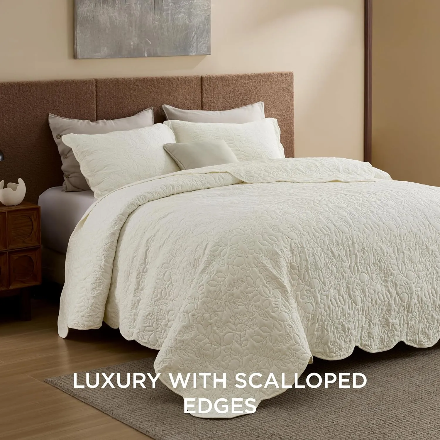 Bedsure Quilts Queen Size - Ultra Soft Pre-Washed Bedspread - Lightweight Cream Yellow Comforter with 2 Pillow Shams - Summer Bedding Set with Leaf Design 90x96 Inch