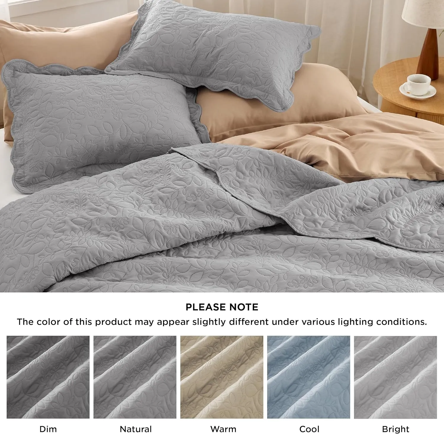 Bedsure Quilts Queen Size - Ultra Soft Pre-Washed Bedspread - Lightweight Grey Comforter with 2 Pillow Shams - Summer Bedding Set with Leaf Design 90x96 Inch