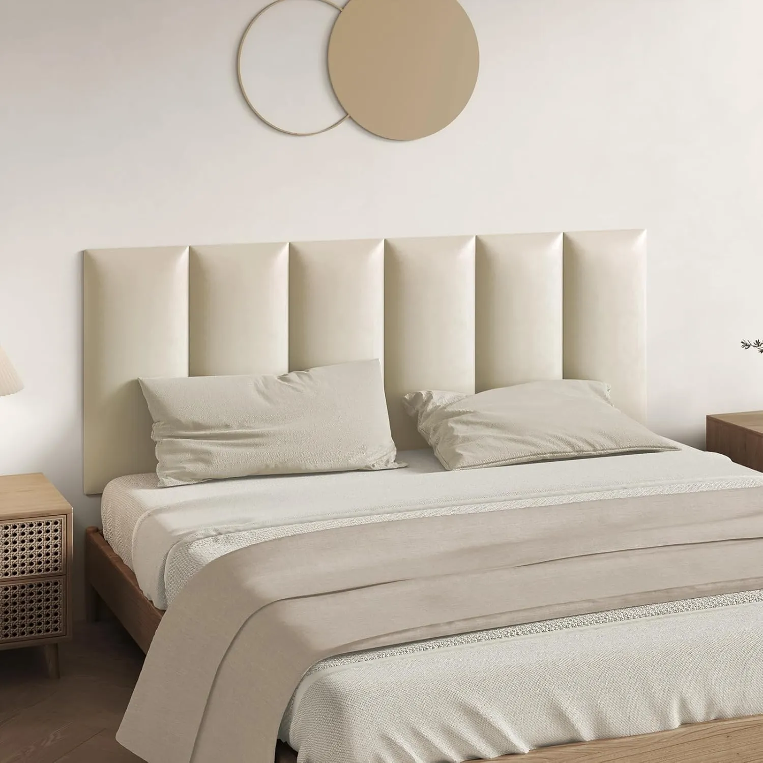 Beige Stick Headboard - 6-Piece Wall-Mounted Bed Backboard for Queen Size Beds, 24 x 12 Inches, Easy-to-Install Decorative Bed Head and Peel and Stick Queen Size Headboard for Bedroom Décor
