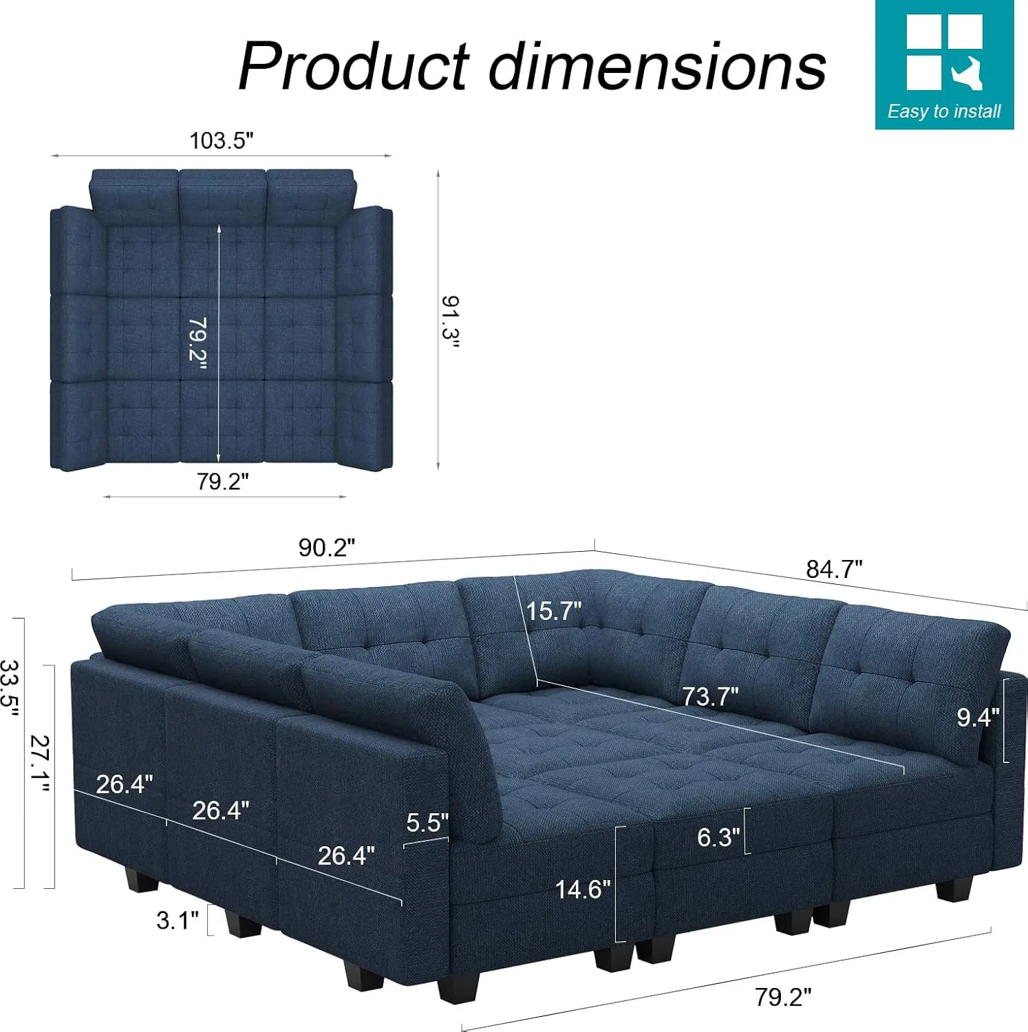 Belffin Modular Sectional Sleeper Sofa with Storage Oversized 9 Seat Modular Sofa Bed for Living Room Blue