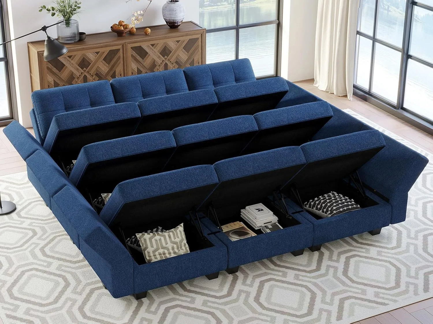 Belffin Modular Sectional Sleeper Sofa with Storage Oversized 9 Seat Modular Sofa Bed for Living Room Blue