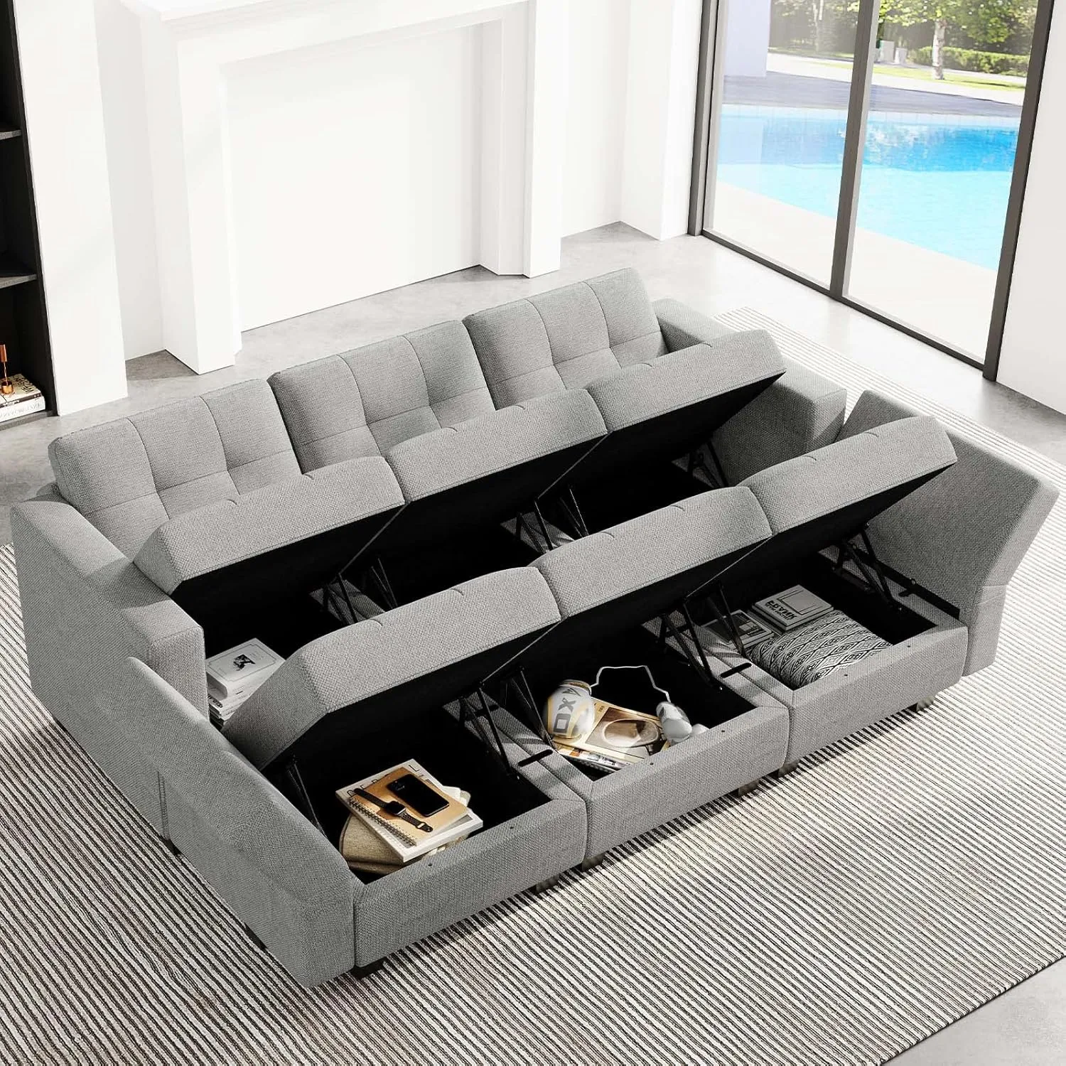 Belffin Modular Sectional Sleeper Sofa with Storage Sectional Couch Modular Sofa Bed Set for Living Room Light Grey