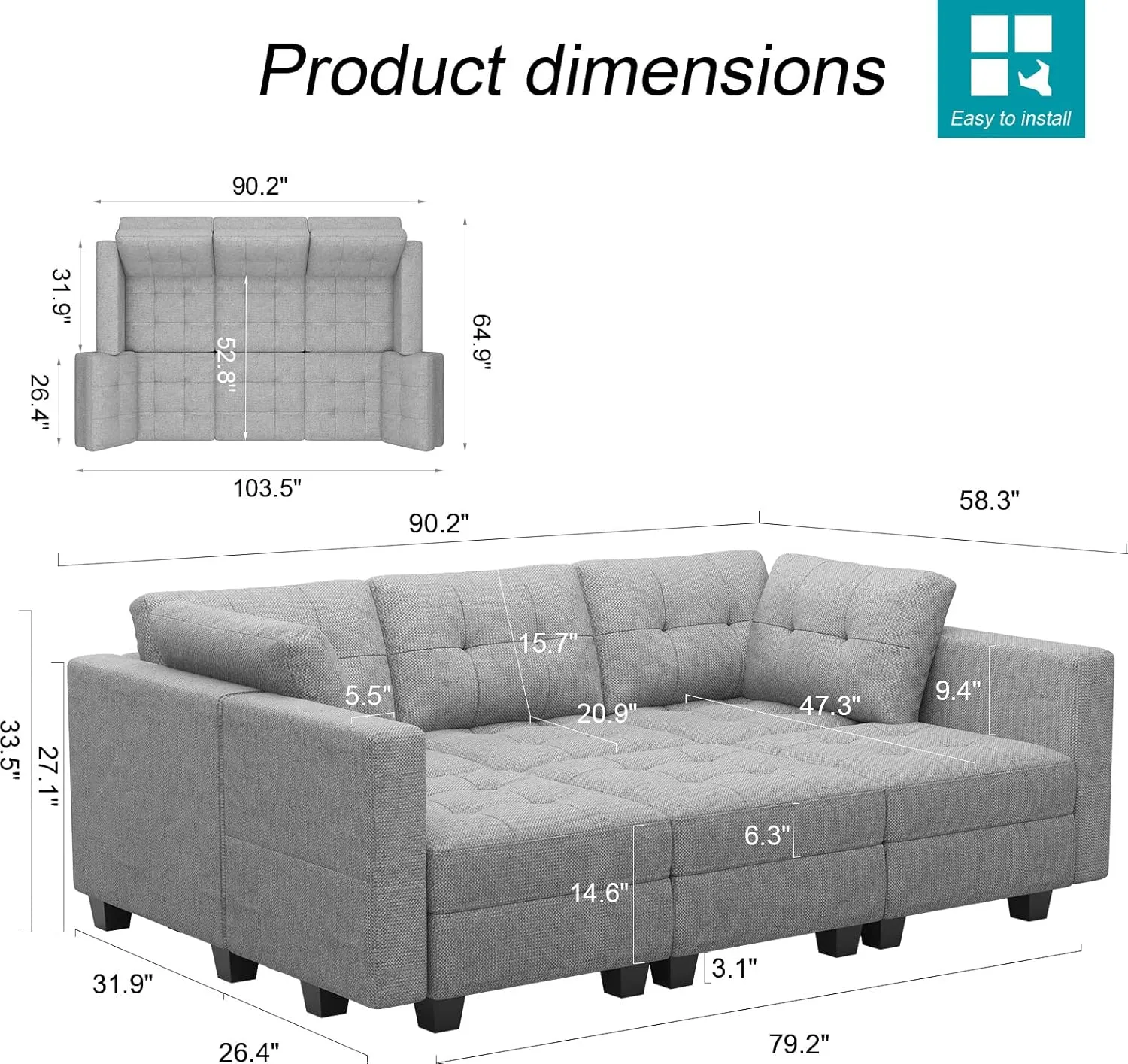 Belffin Modular Sectional Sleeper Sofa with Storage Sectional Couch Modular Sofa Bed Set for Living Room Light Grey