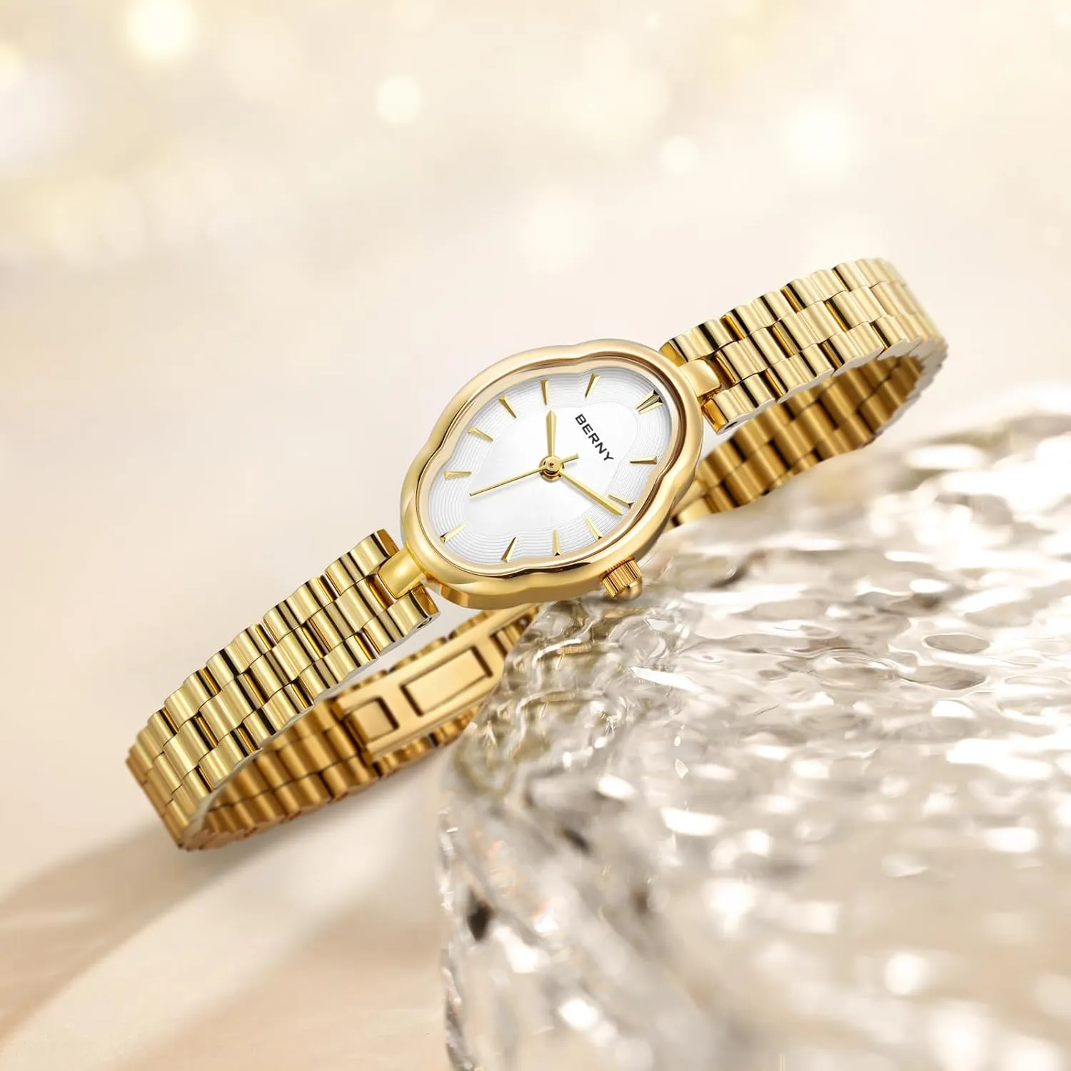 BERNY Gold Watches for Women Dainty Ladies Quartz Watch Vintage Copper Mirrors Shape Japanese Quartz Movement 3ATM Waterproof Fashion Female Wrist Watch Luxury Birthday Gifts