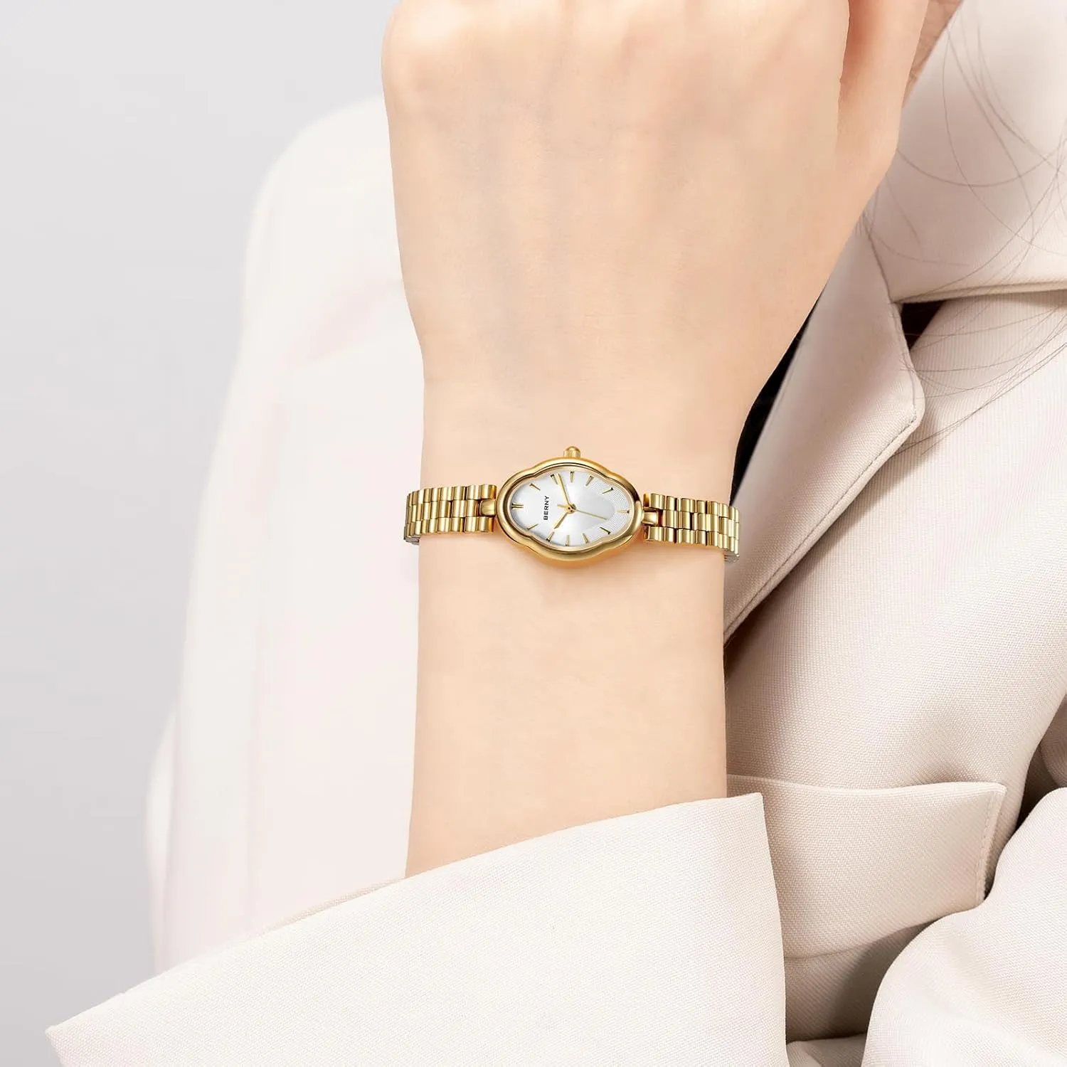 BERNY Gold Watches for Women Dainty Ladies Quartz Watch Vintage Copper Mirrors Shape Japanese Quartz Movement 3ATM Waterproof Fashion Female Wrist Watch Luxury Birthday Gifts