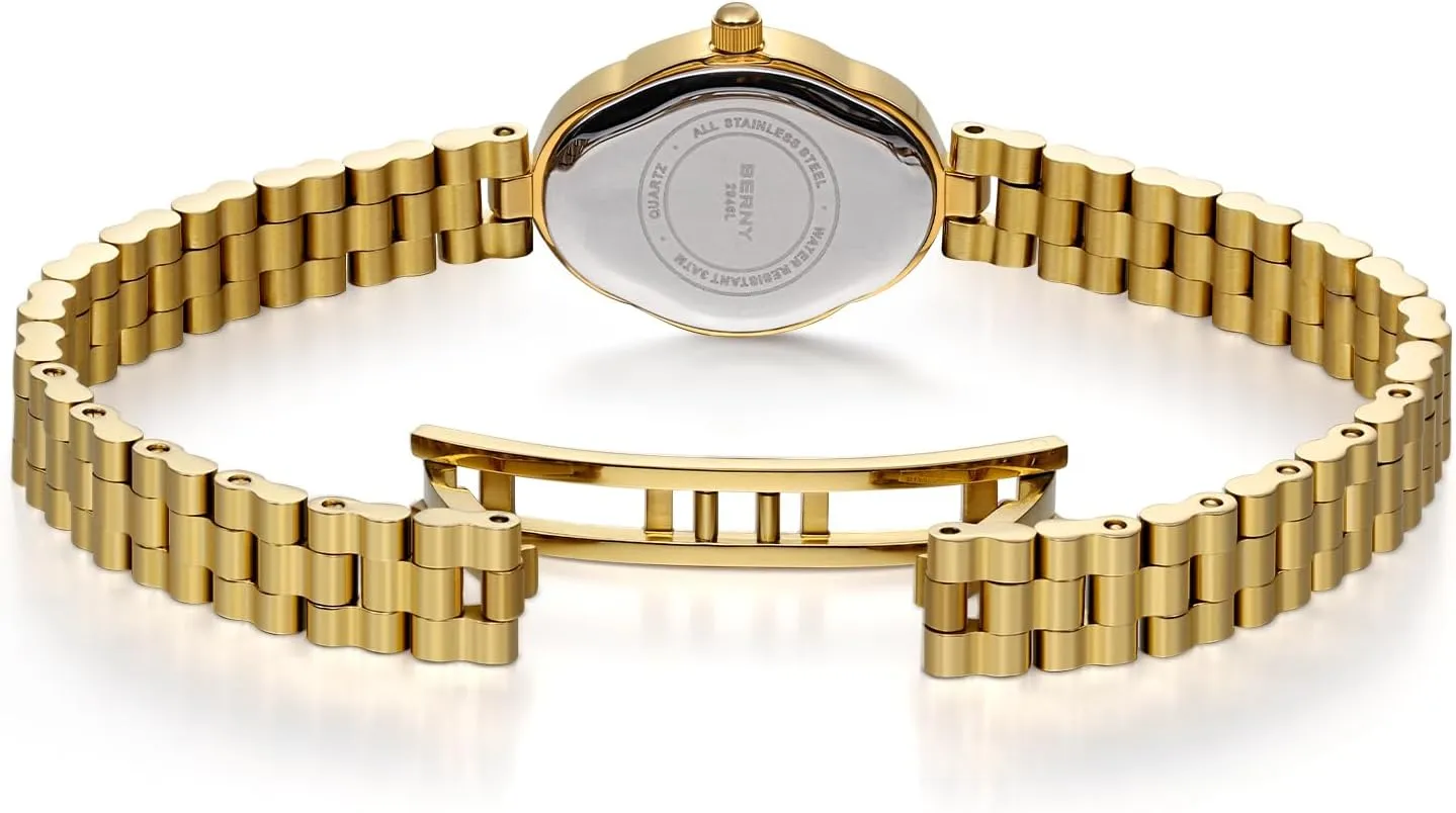 BERNY Gold Watches for Women Dainty Ladies Quartz Watch Vintage Copper Mirrors Shape Japanese Quartz Movement 3ATM Waterproof Fashion Female Wrist Watch Luxury Birthday Gifts