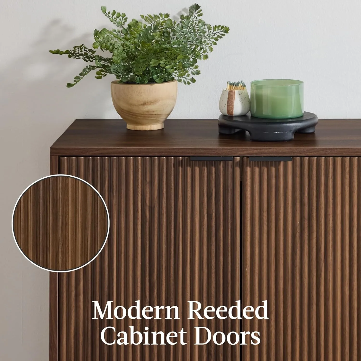 Best Choice Products 4-Door Modern Storage Cabinet, Buffet, Sideboard, Media Cabinet, Cupboard, Entryway Accent Storage Table, Bookcase w/Reed Panels and Adjustable Shelves – Walnut