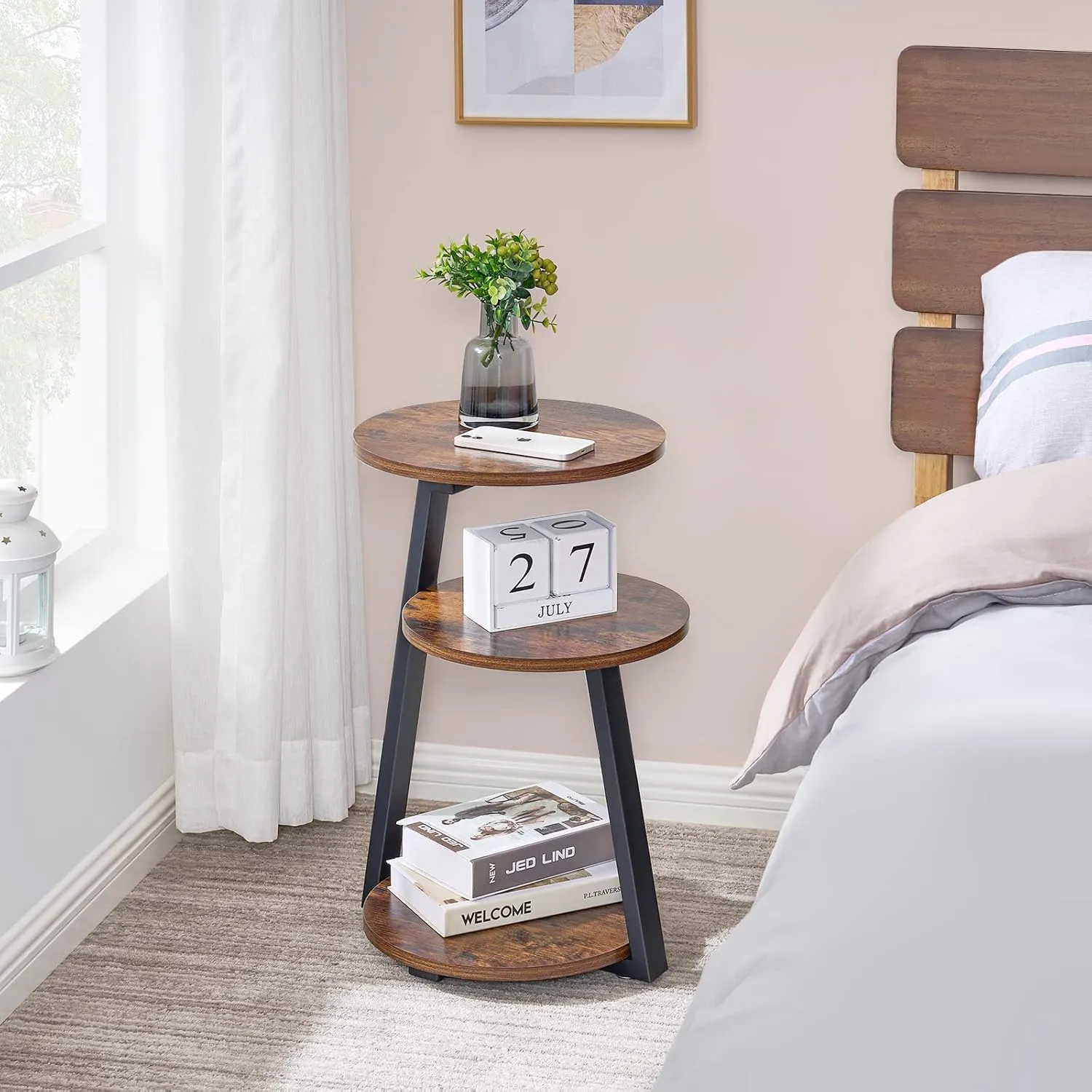 BEWISHOME Round End Table Side Table with Metal Frame, Accent Nightstand Bedside Table with 3-Tier Shelves, Small Couch Coffee Table for Living Room Bedroom Rustic Brown KTZ41Z