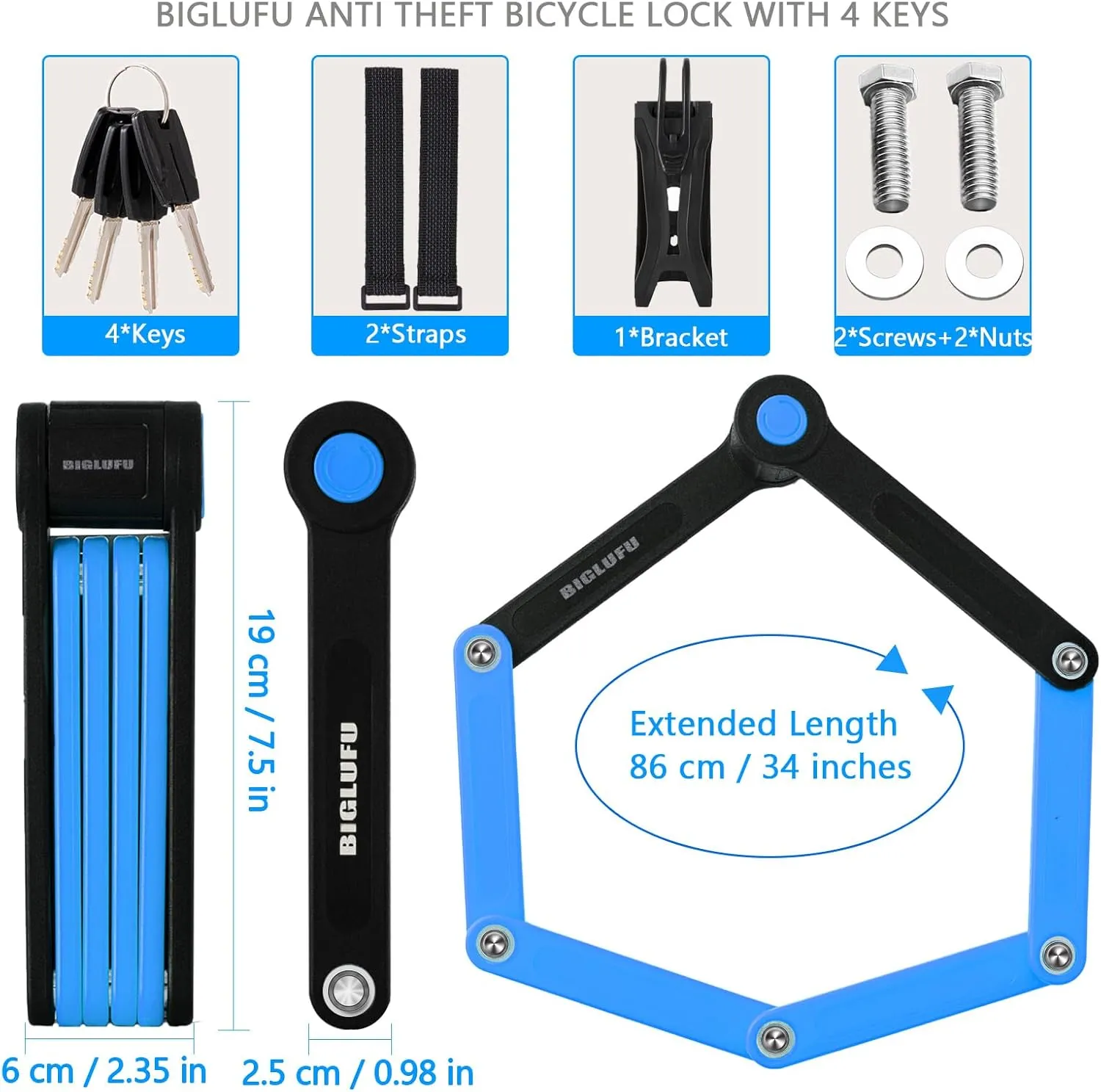 BIGLUFU Bike Lock Bicycle Scooter Motorcycle Folding Locks with 4Keys, Fold Chain Heavy Duty Alloy Steel Foldable Lock with Mounting Bracket 2pc Straps, 86cm/34 Unfolding, 1.92 lbs