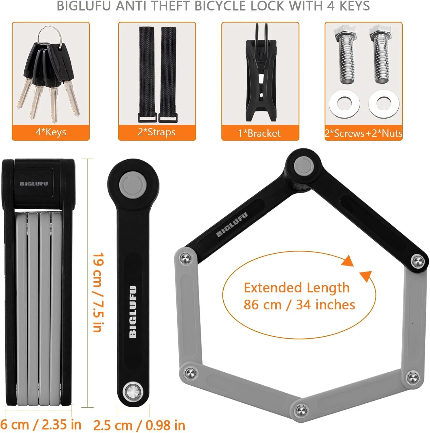 BIGLUFU Bike Lock Bicycle Scooter Motorcycle Folding Locks with 4Keys, Fold Chain Heavy Duty Alloy Steel Foldable Lock with Mounting Bracket 2pc Straps, 86cm/34 Unfolding, 1.92 lbs