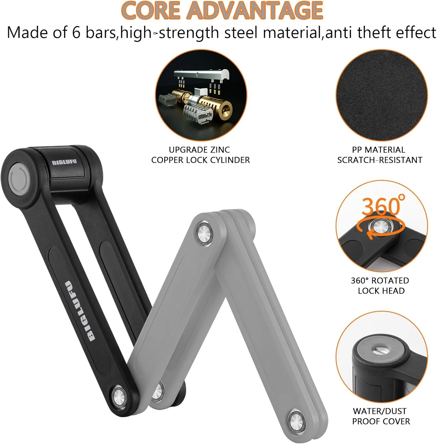BIGLUFU Bike Lock Bicycle Scooter Motorcycle Folding Locks with 4Keys, Fold Chain Heavy Duty Alloy Steel Foldable Lock with Mounting Bracket 2pc Straps, 86cm/34 Unfolding, 1.92 lbs