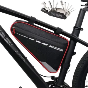 Bike Frame Bag, Bicycle Front Top Tube Bag Cycling Triangle Bag Front Saddle Frame Pouch for Outdoor MTB Mountain Road Bike Bag with Reflective Stripe & 16 in 1 Multi-Function Bike Repair Tool Kit