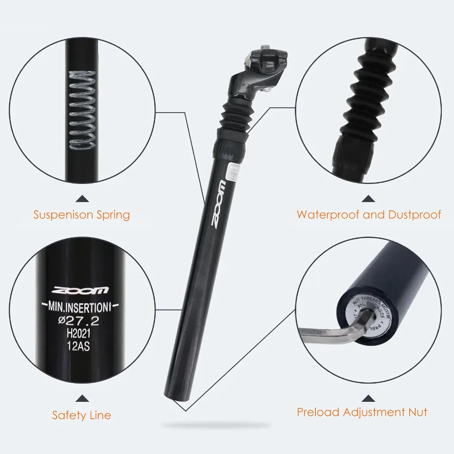 Bike Suspension Seat Posts, 25.4/27.2/30.4/30.9/31.6mm, Bicycle Seatpost with Adjustable Absorber for MTB/e-Bike/BMX/Childrens Bike