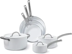 BLACK DECKER 9-Piece Ceramic White Aluminum Cookware Set, Pots and Pans Set with Ceramic Non-Stick Coating