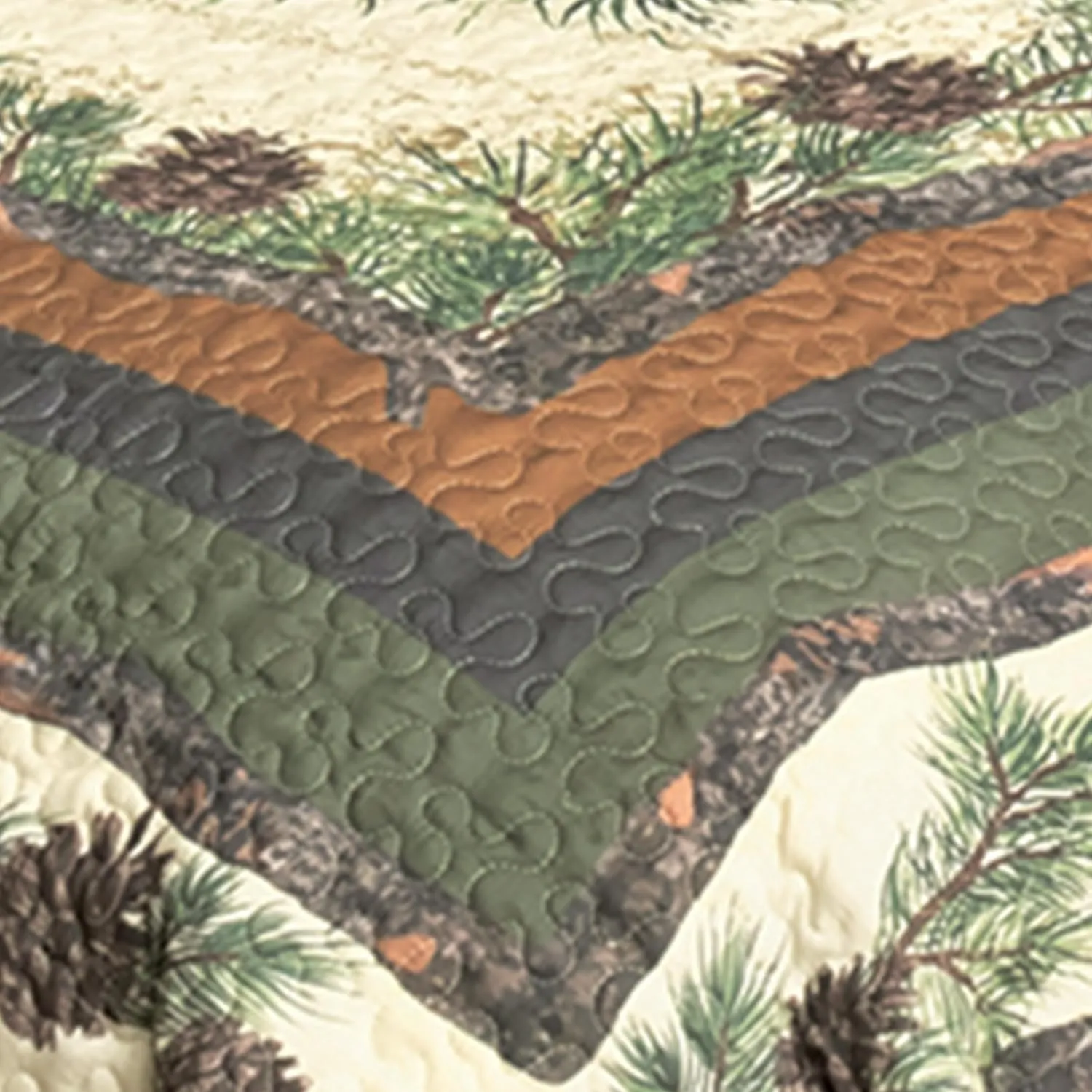 Black Forest Décor Woodland Pinecones Quilt Bed Set - King, Rustic Lodge Pinecone Quilt Bedding - 110" x 96"