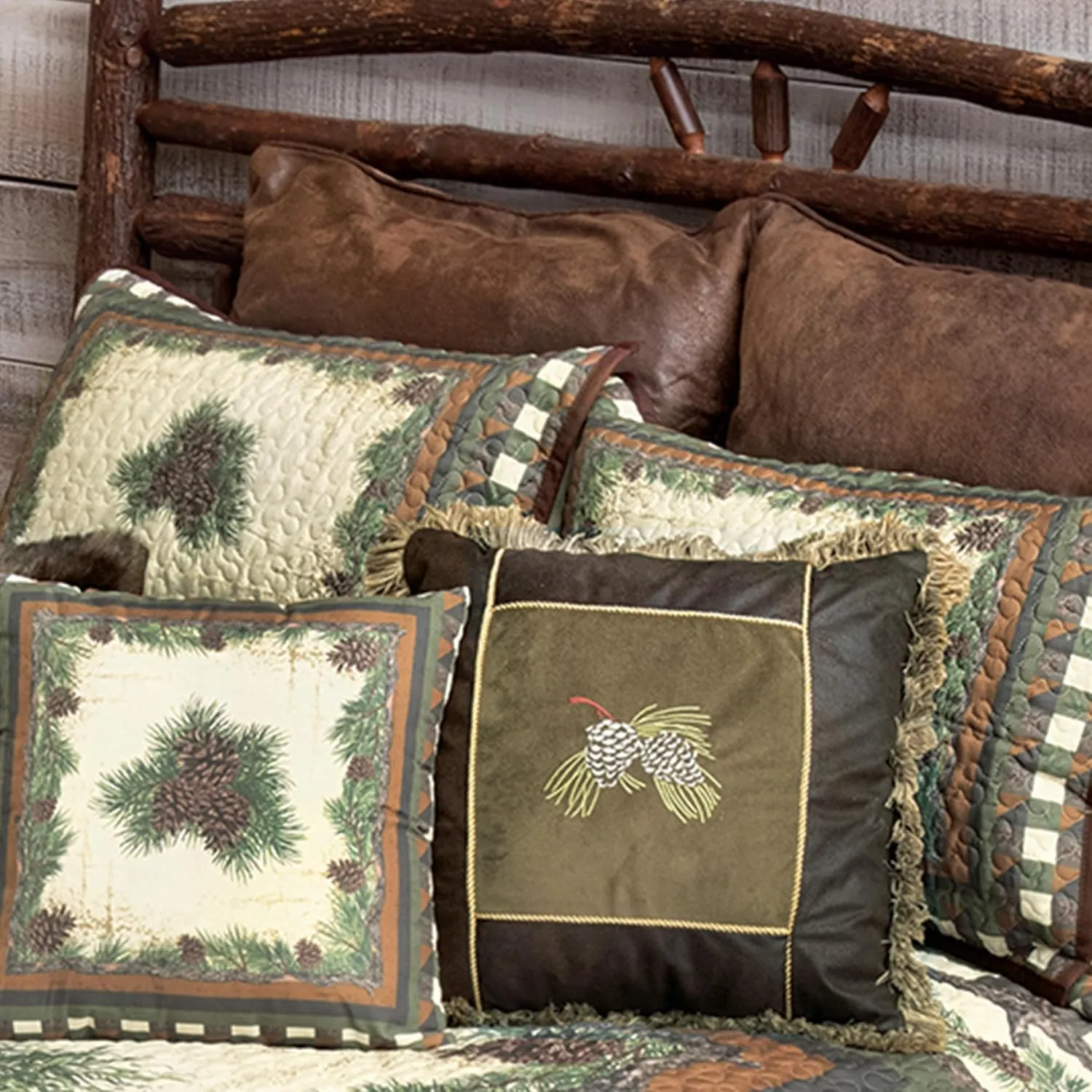 Black Forest Décor Woodland Pinecones Quilt Bed Set - King, Rustic Lodge Pinecone Quilt Bedding - 110" x 96"