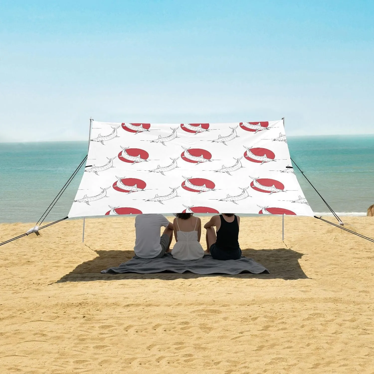 Black White Swordfish Beach Canopy Tent Anti-UV & Wind Resistant, Camping Sun Shelter Easy Setup Portable,Outdoor Shade Tents with Sandbags,Sand Shovels,Ground Pegs & Stability Poles