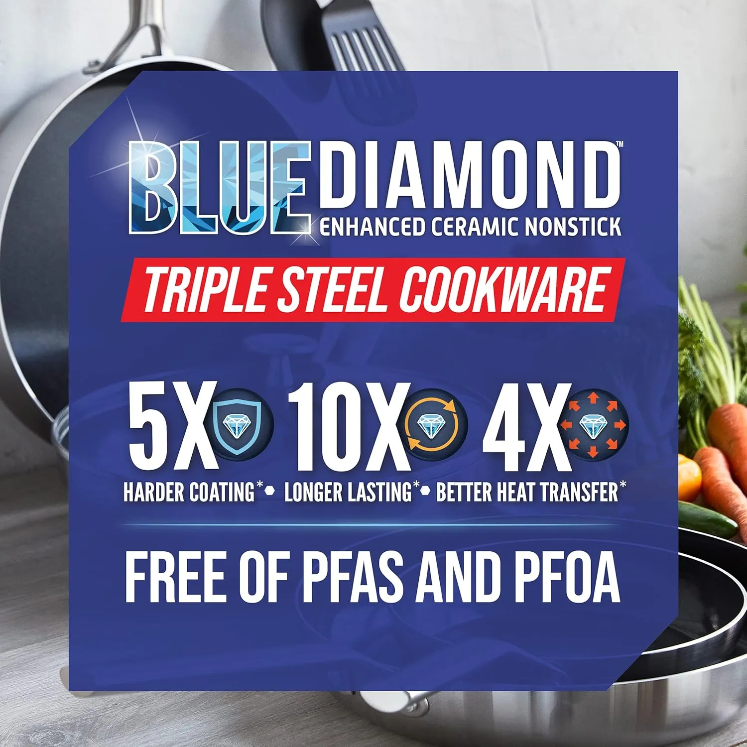 Blue Diamond Cookware Tri-Ply Stainless Steel Ceramic Nonstick, 11" Frying Pan Skillet, PFAS-Free, Multi Clad, Induction, Dishwasher Safe, Oven Safe, Silver